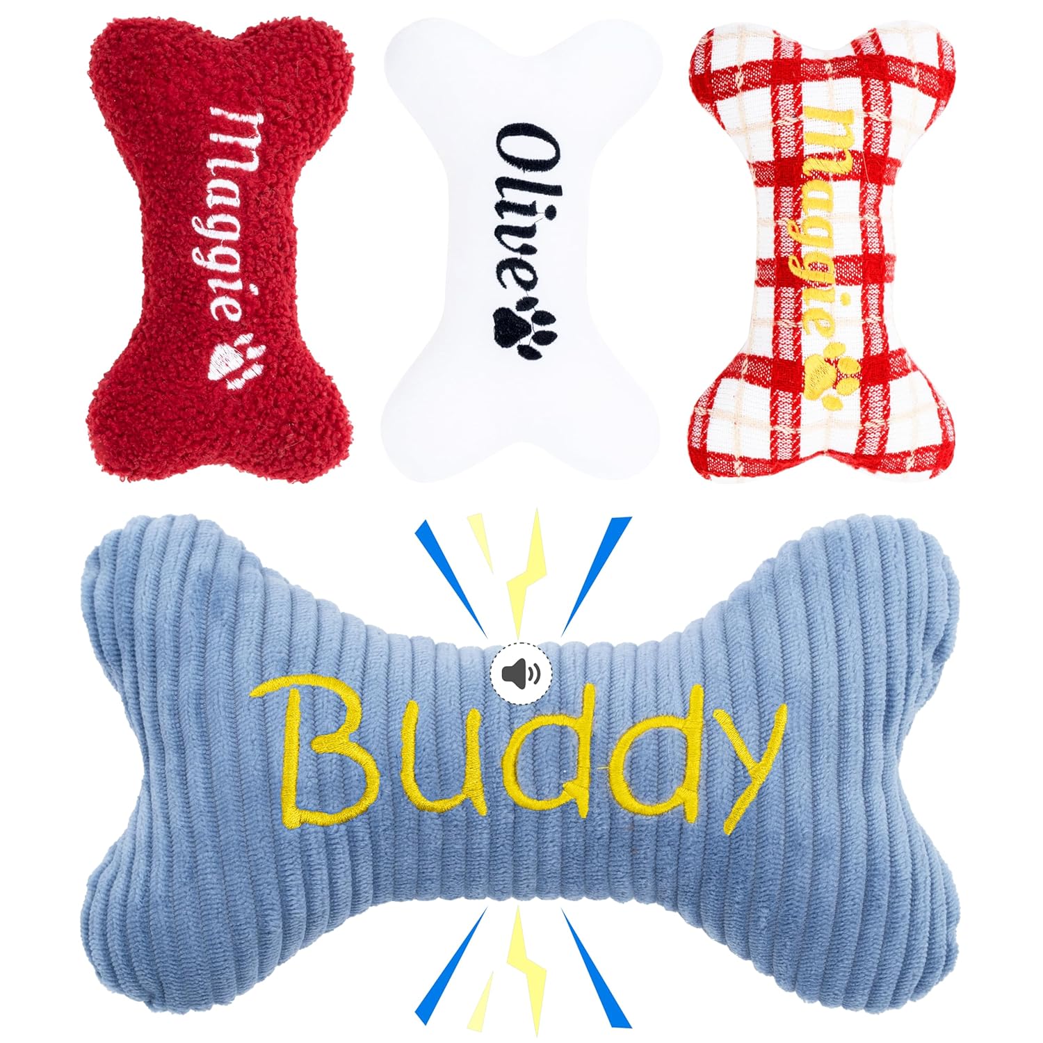 2025 Personalized Squeaky Dog Toys, Embroidered Bone Shape Corduroy Pet Pillow 8"x5"with Name, Dog Chew Puzzle Toy Custom Color Birthday Gifts for Small Medium Dogs