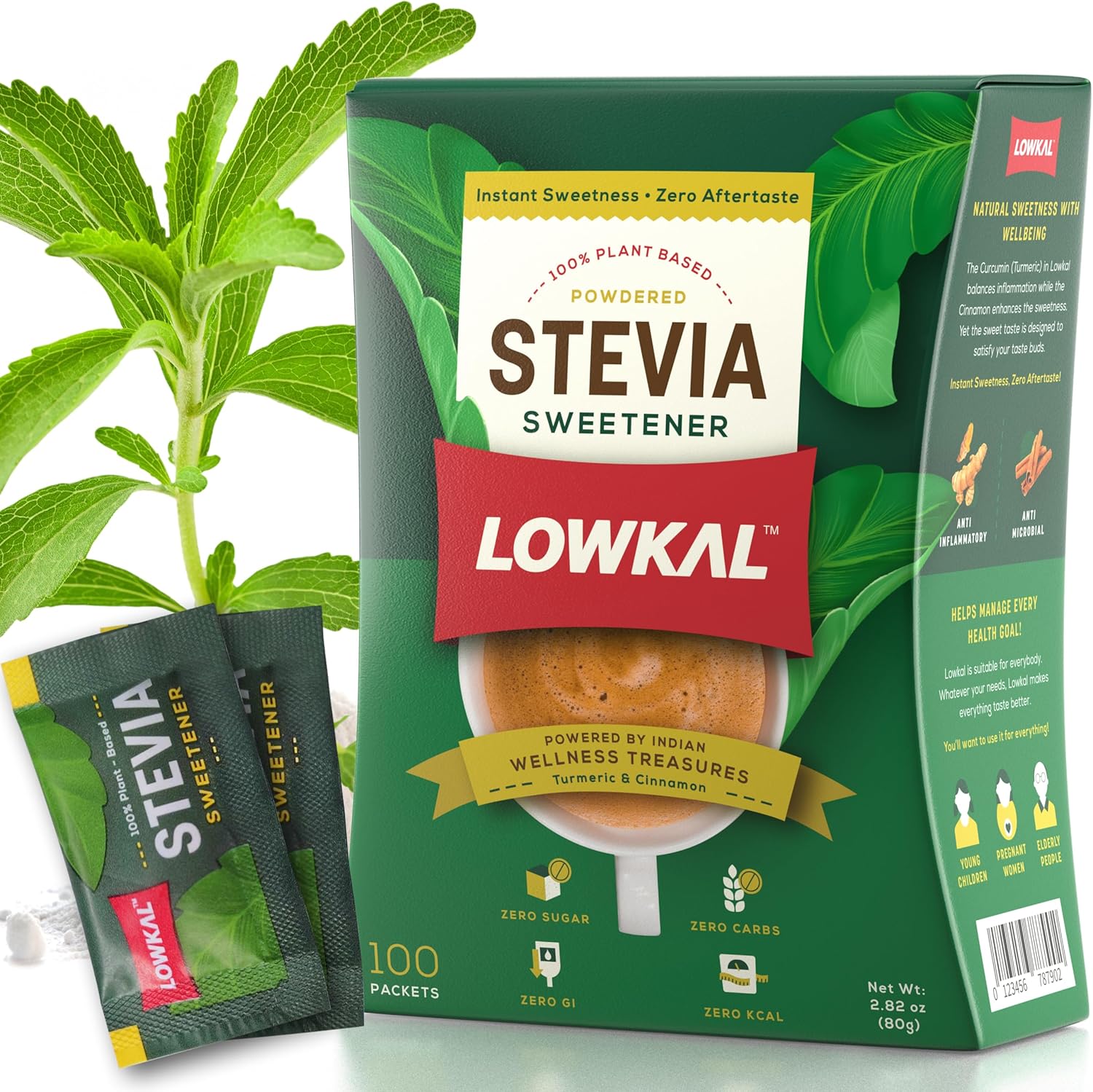 LOWKAL Stevia Sweetener Sachets with Zero Calorie (100 Packets) - Plant-Based Sugar Substitute for Diabetics with Zero Sugar - Natural Sweetener Stevia Powder for Desserts, Coffee & Tea