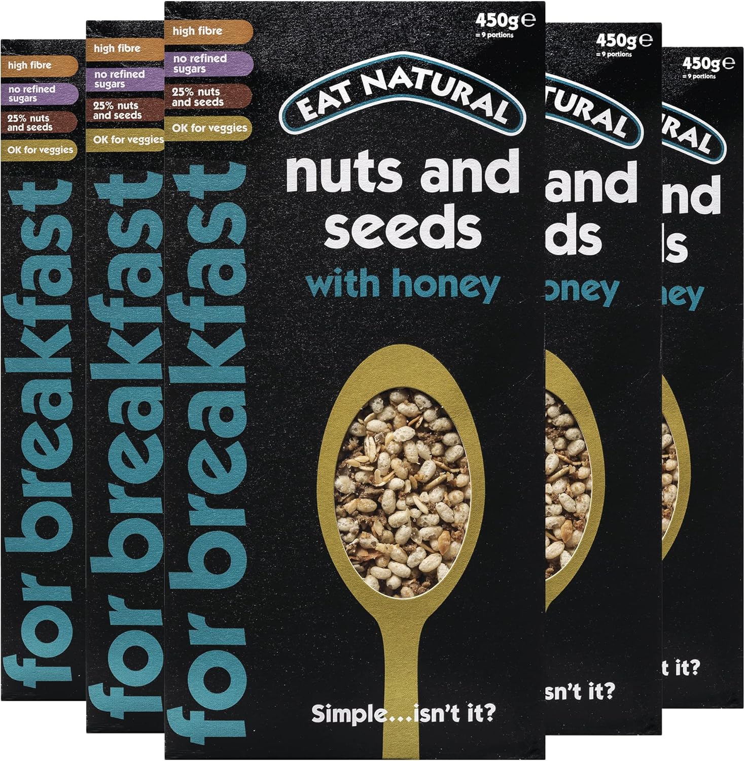 Eat Natural Nuts & Seeds Breakfast Cereal with Honey - High in Fibre Breakfast Muesli - Suitable for Vegetarians ,450 g (Pack of 5)