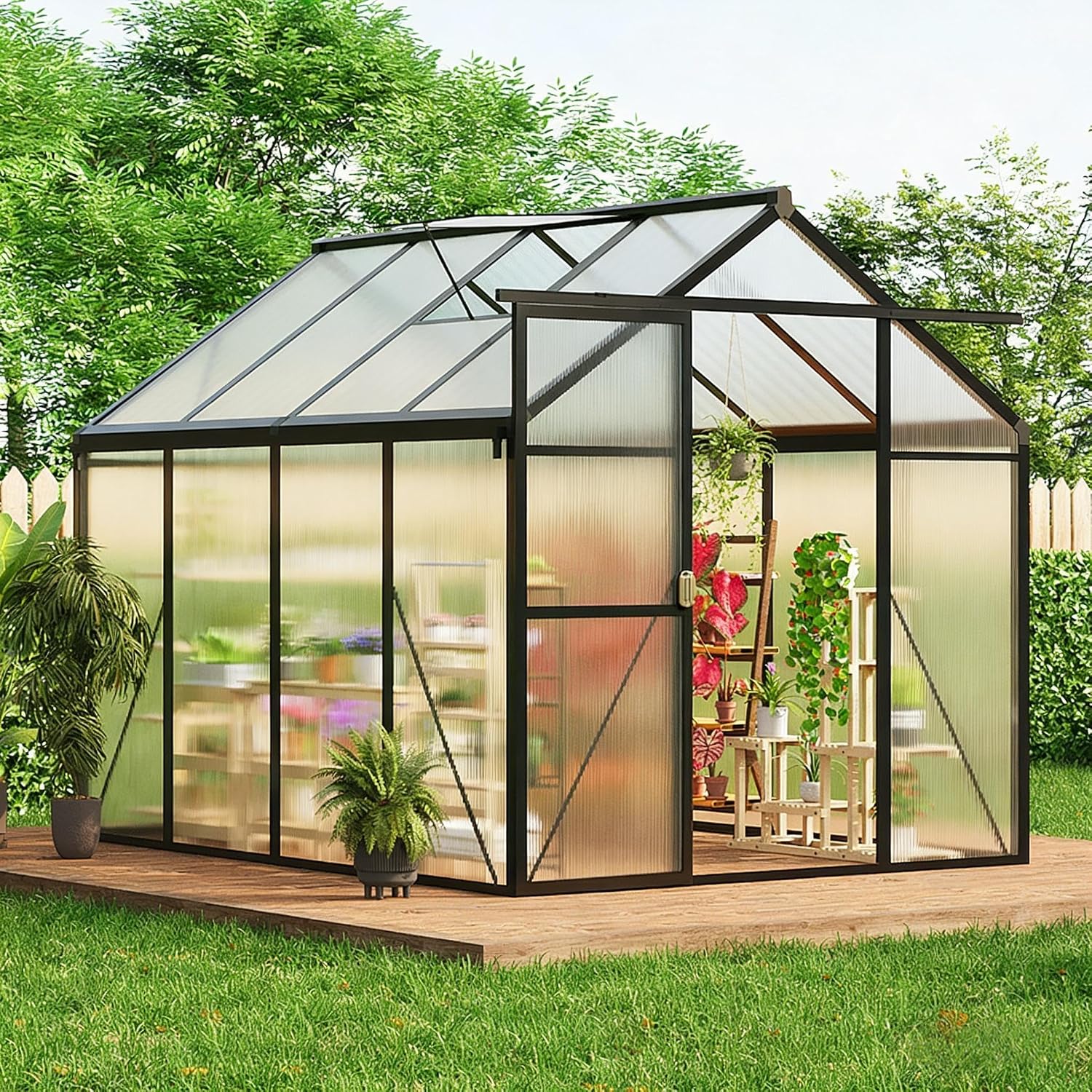 6x8 FT Greenhouse, Easy Assembly Aluminum Polycarbonate Greenhouses for Outdoors with Roof Vent, Large Aluminum Walk-in Greenhouse for Sunroom Patio, Backyard, Garden, Sliding Lockable Door, Black