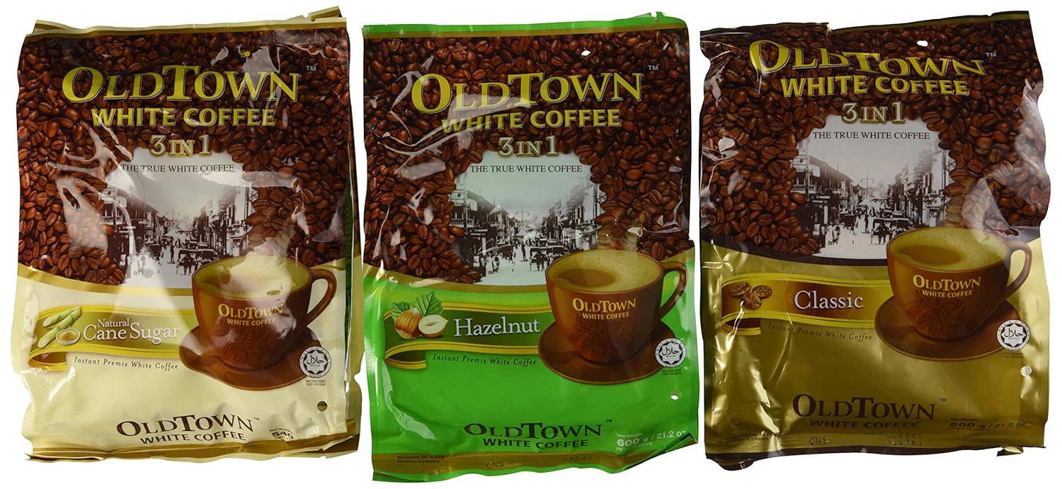OLD TOWN White Coffee 3 in 1 Variety Pack (Classic, Natural Cane Sugar, Hazelnut), brown
