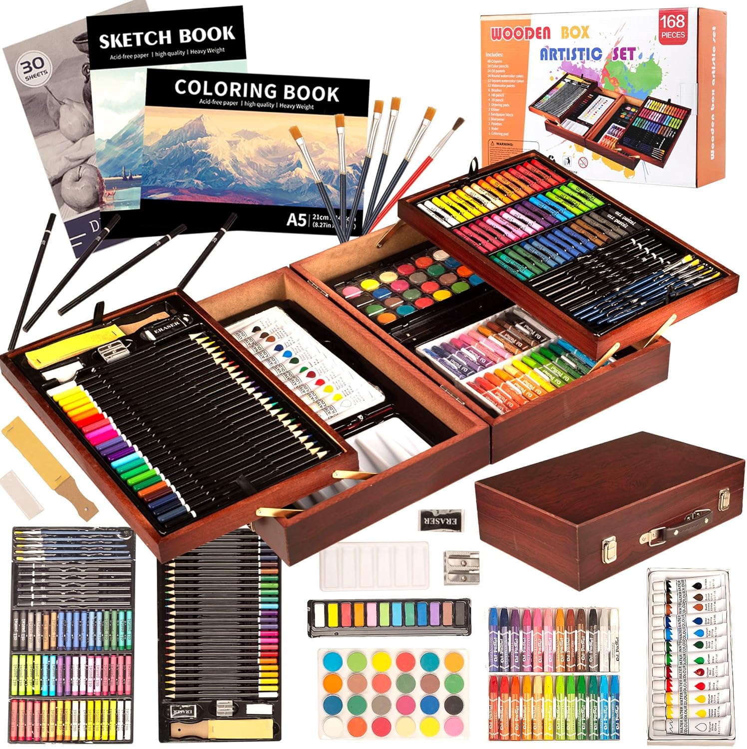 KINSPORY 168 PCS Art Set for Kids, Art Kits for Kids, Deluxe Painting Wooden Box Art Set, Coloring Drawing Art Supplies Case Gift for Artists Teens Boys Girls 4 5 6 7 8 9 10 11 12