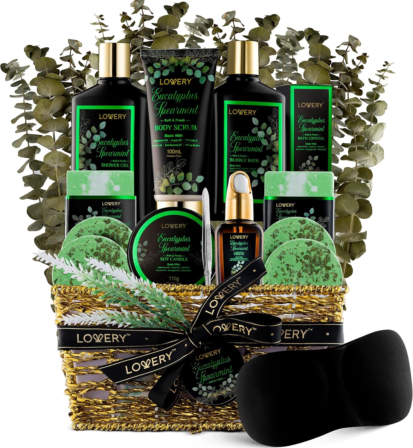 Eucalyptus Spearmint Bath Set, Home Spa Set with Natural Mint Fragrance, 17 Pcs Gift Basket, Eucalyptus Bath Oil, Shower Gel, Bubble Bath, Bath Crystal, Steamer Tablet & More, Best Birthday Gift
