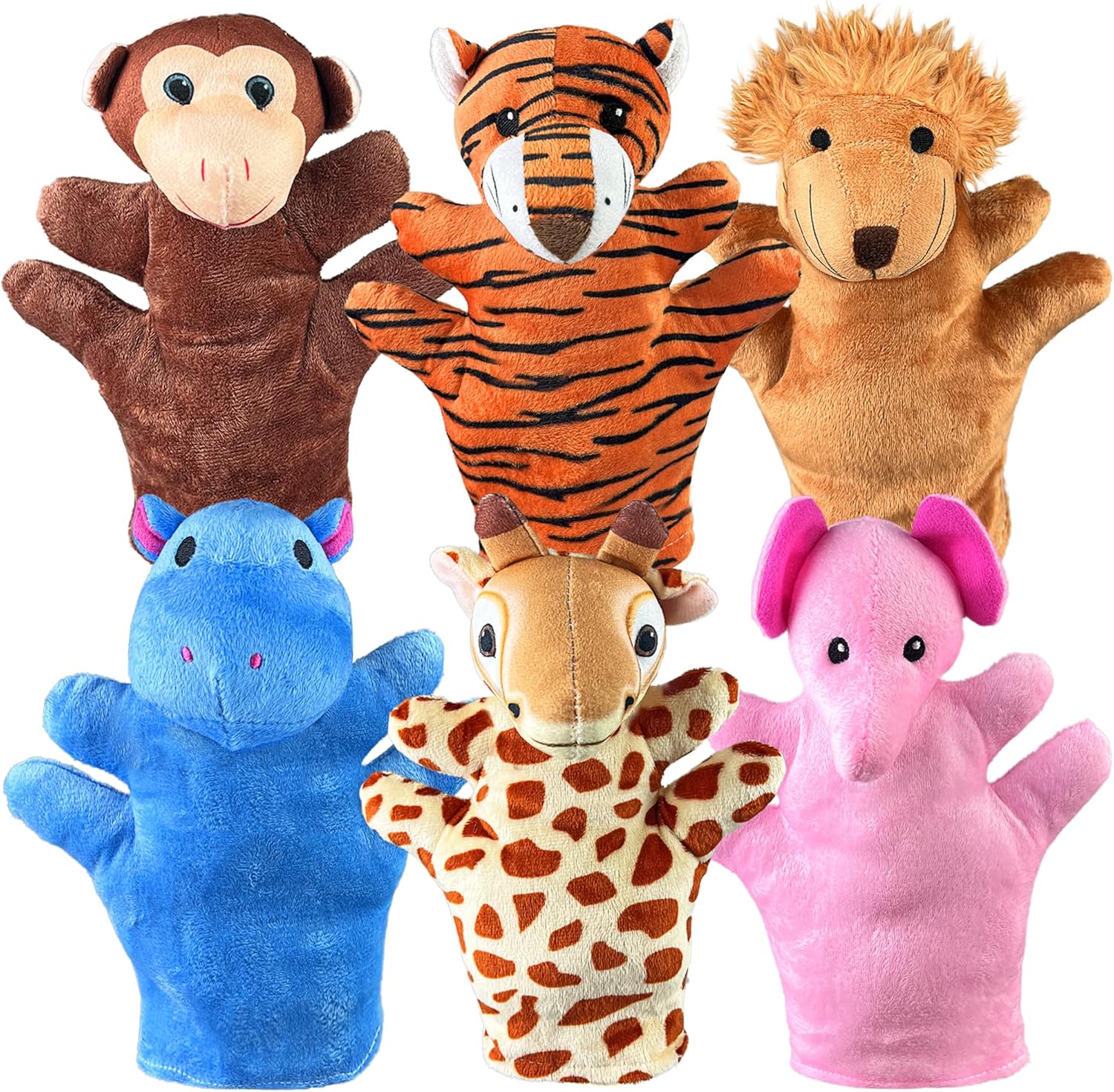 6 PCS Hand Puppets Set Animal Plush Puppet Elephant Tiger Giraffe Monkey Lion Hippo for Storytelling Playing Teaching Shows Playtime Schools Birthday Party Favor Supplies
