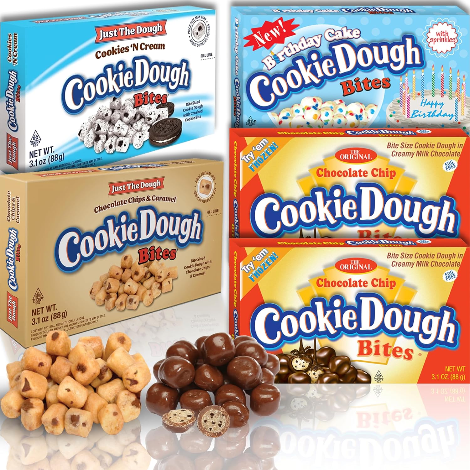 Cookie Dough Bites Favorites Variety Pack | 3.1 oz (Pack of 5) | Chocolate Chip, Birthday Cake, Caramel, Cookies N Cream, Just the Dough | Movie Theater Candy