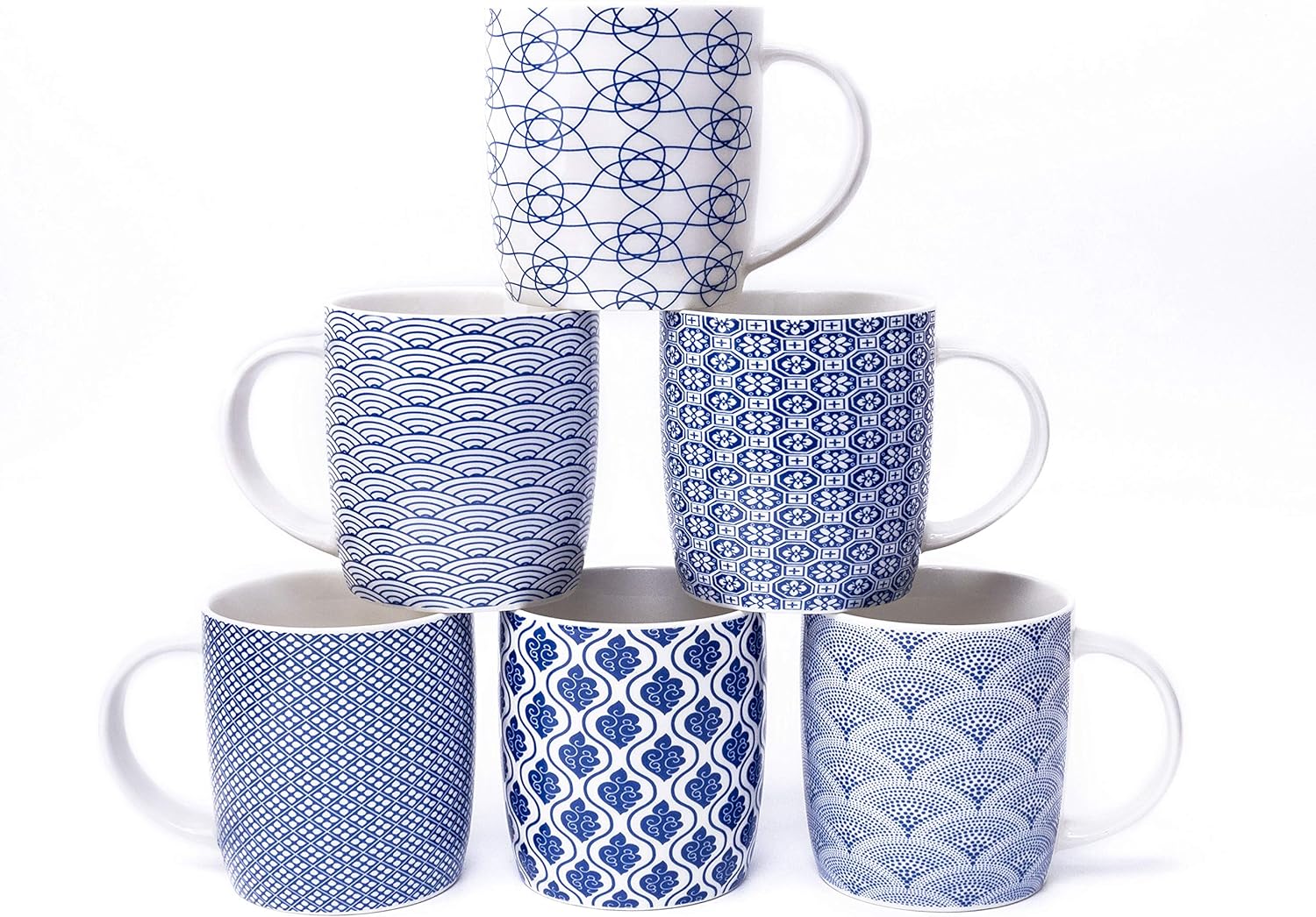 Set of 6 Coffee Mugs 340 ML/11.5 oz with Blue and White Geometric Patterns, Ceramic Tea Cup Set 6 Pack