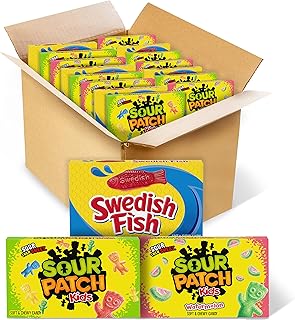 SOUR PATCH KIDS Original Candy, SOUR PATCH KIDS Watermelon Candy & SWEDISH FISH Candy Variety Pack, Halloween Candy, 15 Movie Theater Candy Boxes