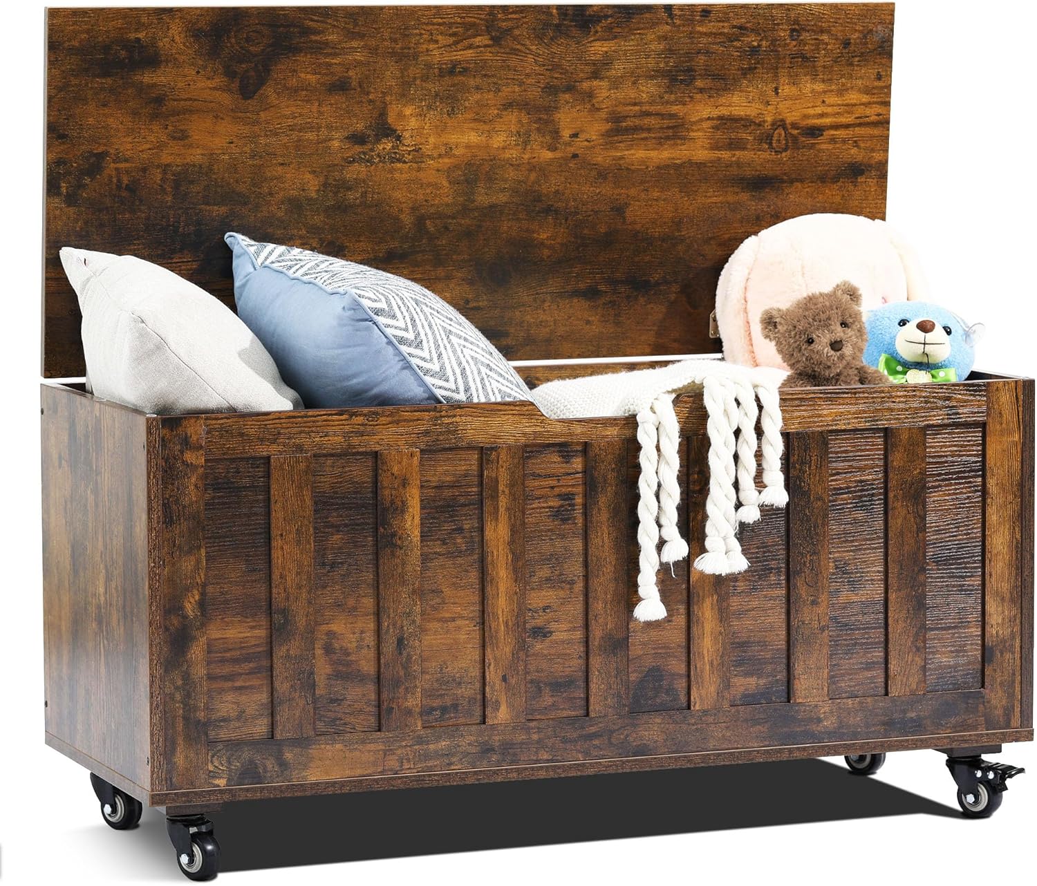 Storage Chest, 39.4'' Wooden Storage Bench with 4 Wheels & 2 Safety Hinges, Retro Box Support 300 lbs for Bedroom, Living Room, Easy Assembly, Rustic Brown