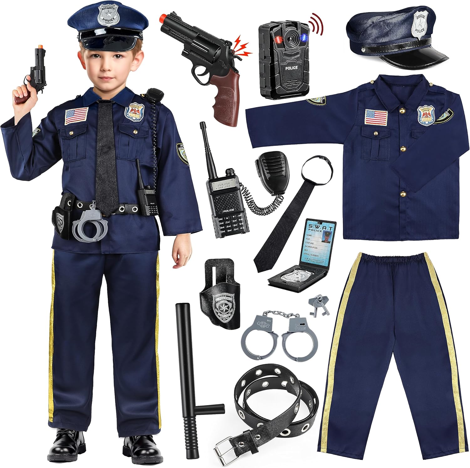 Joycover Police Officer Costume for Kids - Deluxe Police Costume for Kids with Accessories, Kids Halloween Costumes for Boys Girls, Cop Costume Role Play Kit for Halloween Career Day-M…
