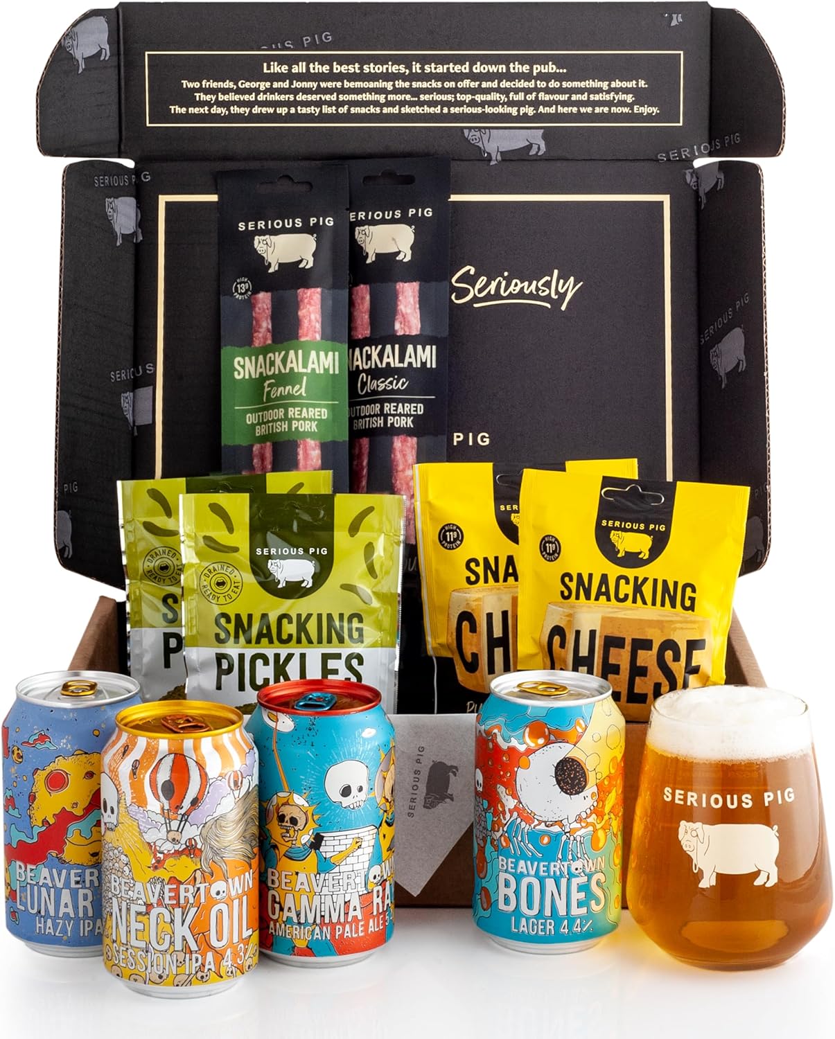 Serious Pig + Beavertown Beer & Snacks Gift Set, 4 Craft Beers with Glassware and Gourmet Snacks