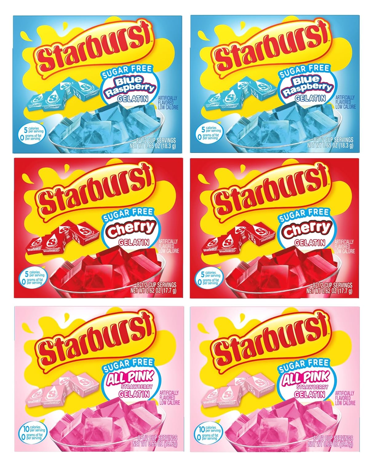 Starburst Sugar Free Gelatin Variety Pack - Pack of 6-3 Flavors - 2 of Each Flavor - Strawberry, Blue Raspberry, and Cherry - Easy to Make for a Variety of Uses