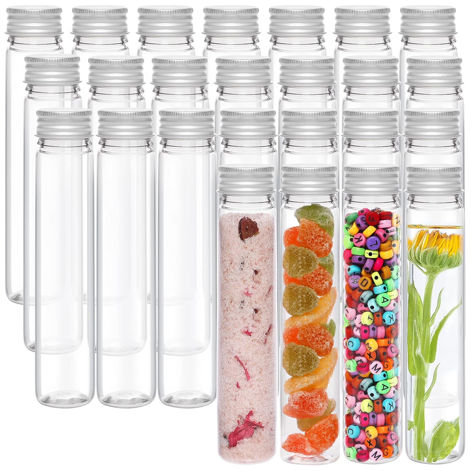 Kurtzy 25 Pack Clear Plastic Test Tubes with Screw Caps & Cleaning Brush - 125ml - Reusable Transparent Container Tubes for Candy Storage, Scientific Party, Liquids, Bath Salts, Beads & Flowers