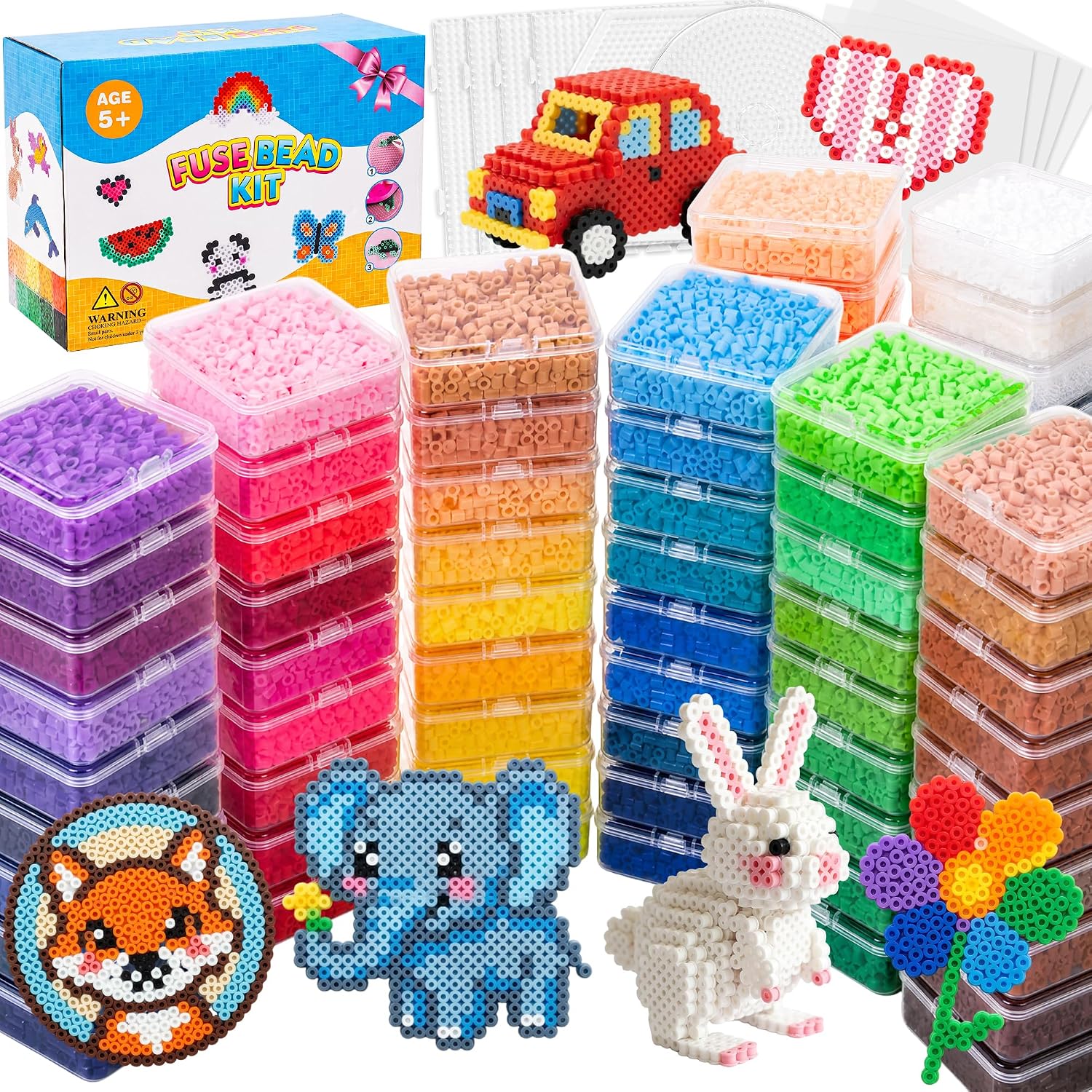 QUEFE 72 Colors Fuse Beads Kit - 43200 Pcs 5mm Fuse Beads Melty Beads with Ironing Papers, Tweezers & Colorful Pegboards, Ideal for Kids School Art Crafts, Individually Packed, 800 Beads Per Color