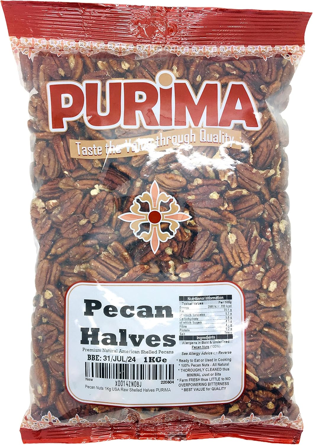 Pecans 1Kg - Fresh Extra Light Halves Natural Whole Large Pecans Premium Californian Raw Pecan Nut Halfs USA PURIMA