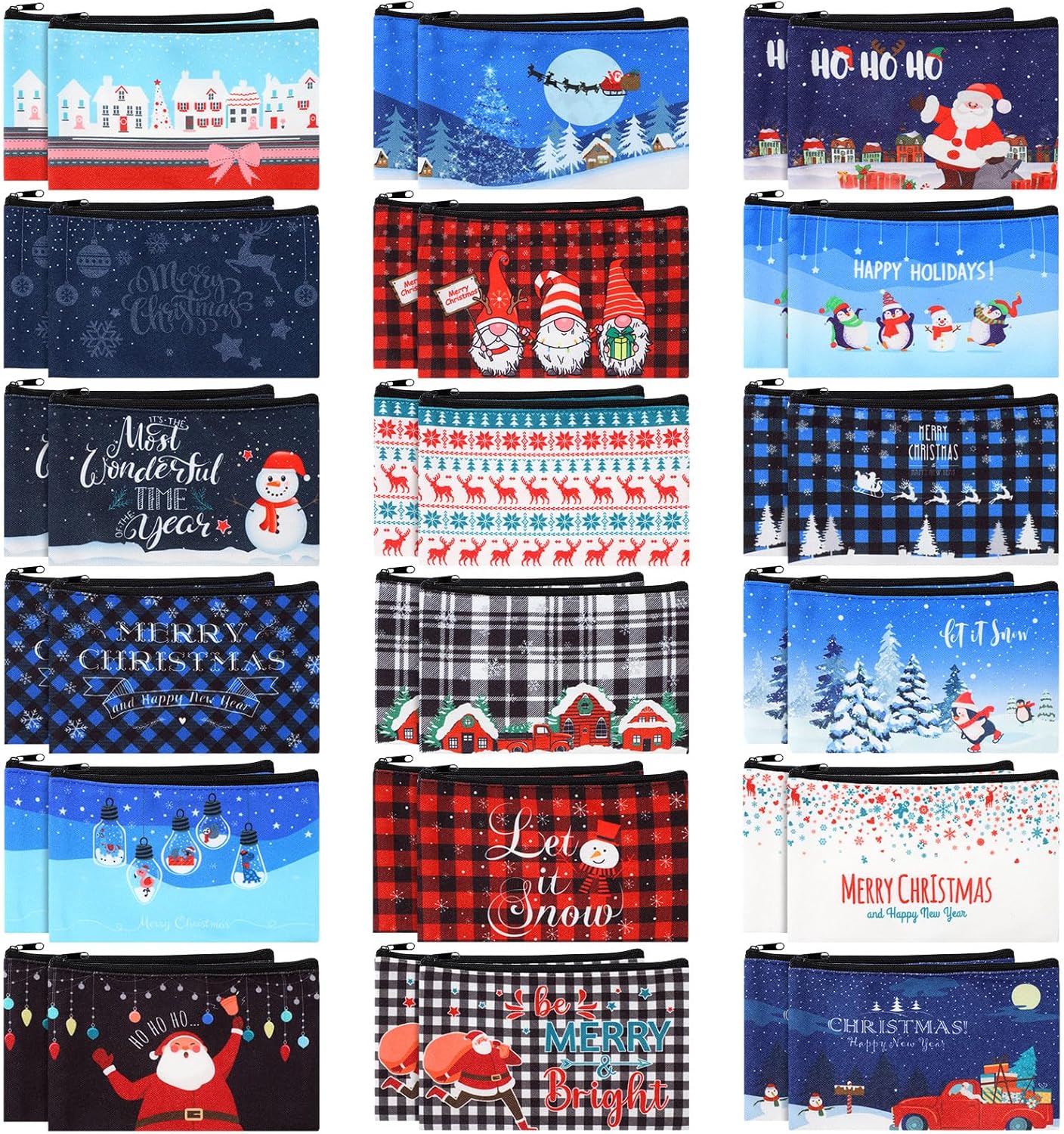 Abbylike 36 Pieces Christmas Makeup Bags Bulk Christmas Gifts Plaid Cosmetics Santa Gnomes Elk Snowman Christmas Purse Double Sided Goodie Bags for Women Travel Holiday Present,18 Styles