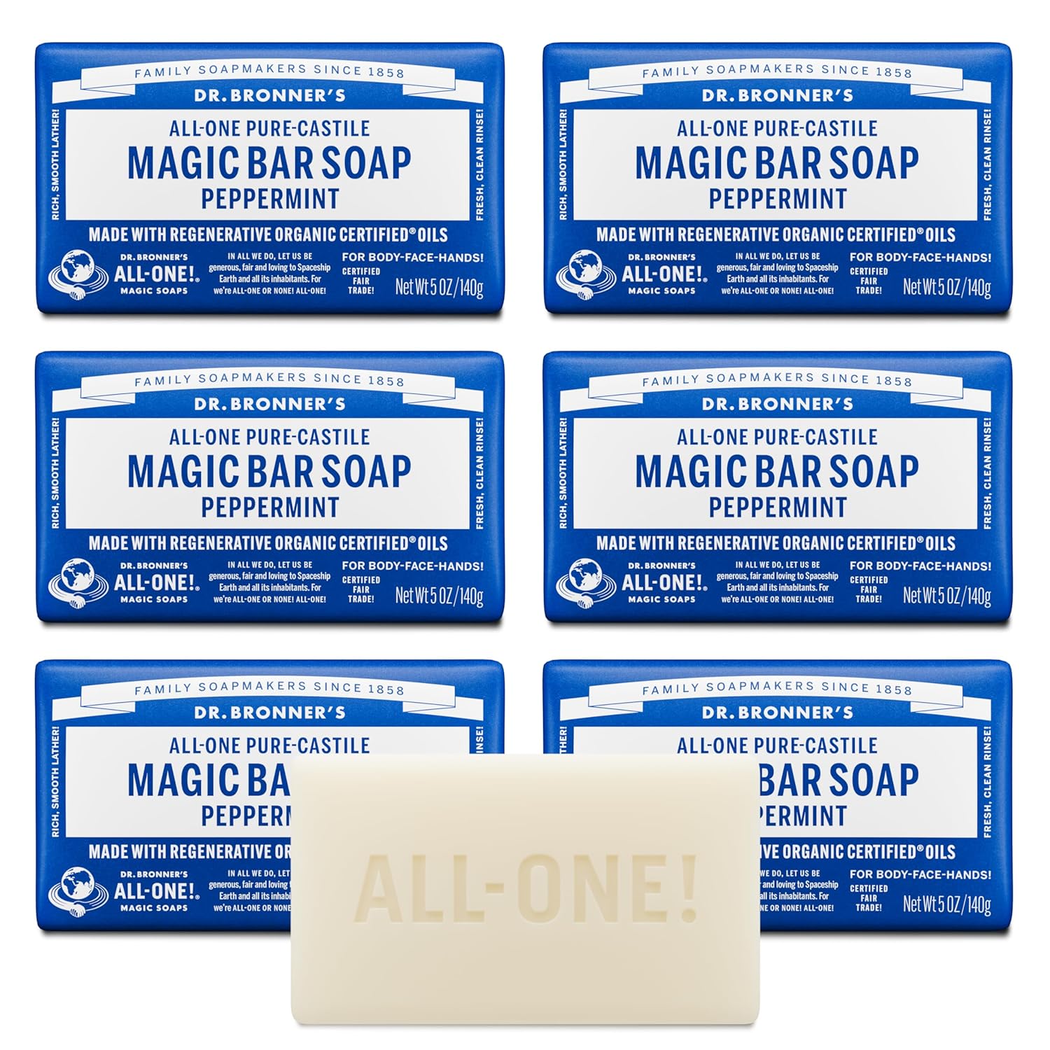 Dr. Bronner's Pure-Castile Magic Soap Bars (Peppermint, 5 oz, 6-Pack) - Made with Regenerative Organic Certified Oils - For Face, Body & Hair - Gentle, Vegan - Bar Soaps for Men & Women