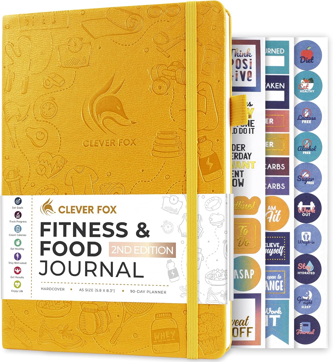 Clever Fox Fitness & Food Journal – Nutrition & Workout Planner for Women & Men – Diet & Gym Exercise Log Book with Calendars, Diet & Training Trackers - Undated, A5, Hardcover (Amber Yellow)