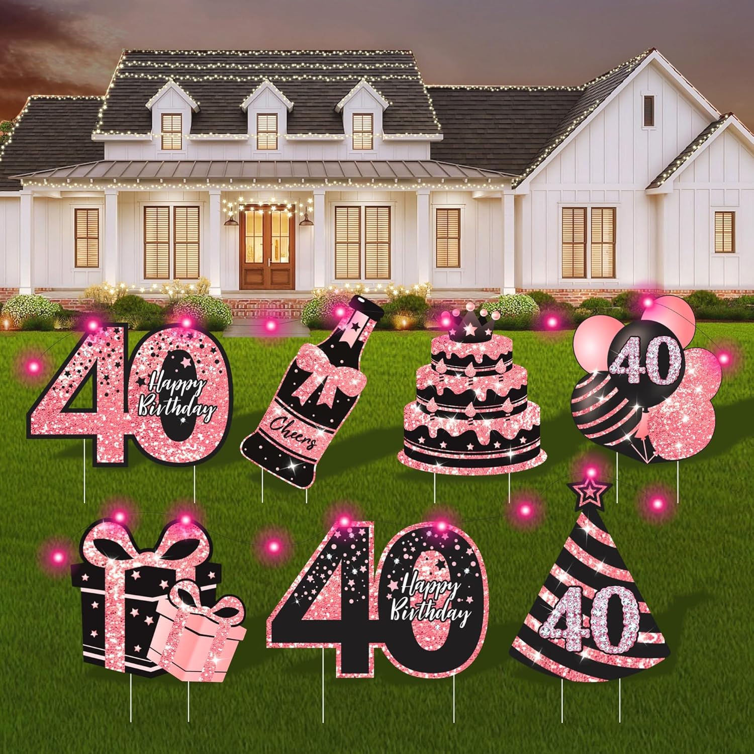 40th Birthday Decorations for Women - 7 Pcs Birthday Yard Signs with Stakes, LED Lights & Double-Sided Tape | Happy 40th Decor | Outdoor/Indoor Party Favors, Photo Props & Lawn Decorations