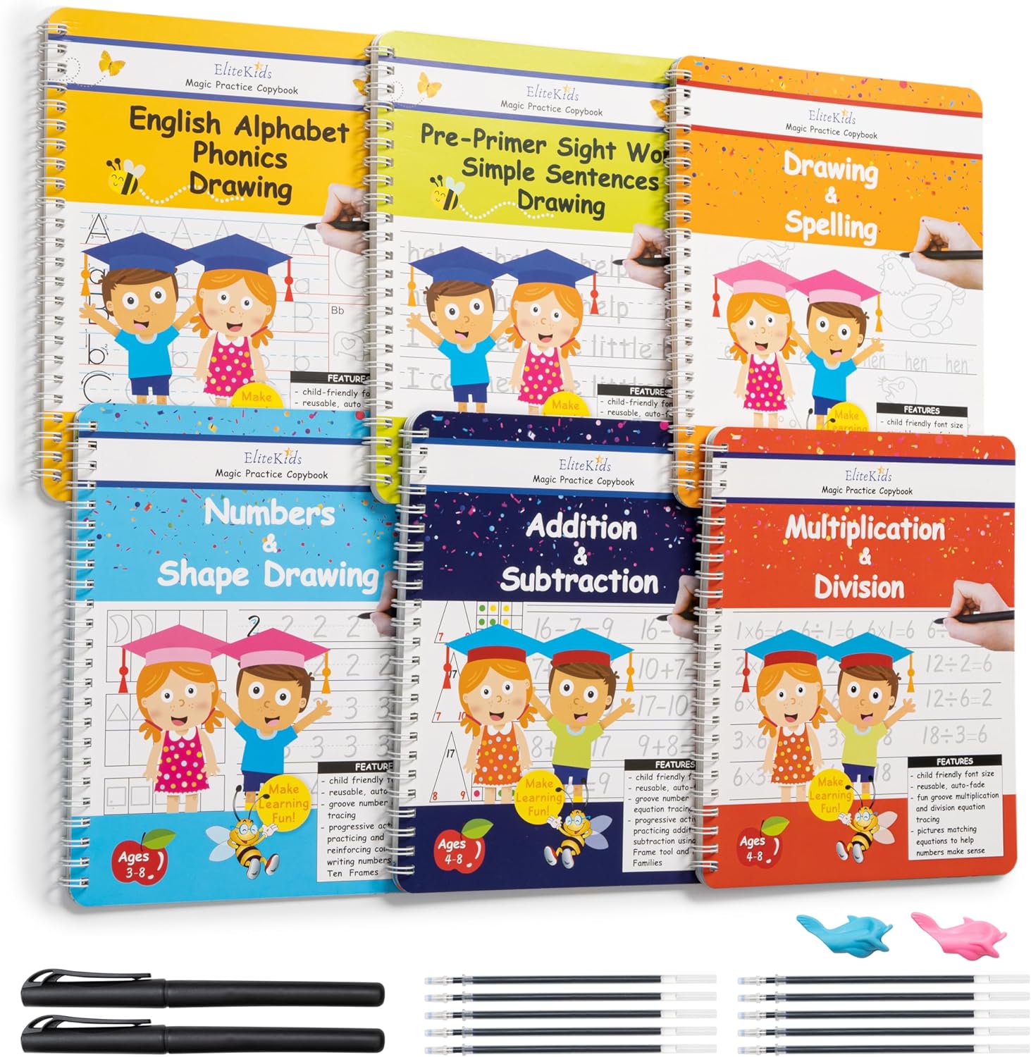 Teacher Designed 8.7x6.9in Reusable Grooved Handwriting Workbooks (Sight Word Copy Included)- Kids Learning Calligraphy, Magic Groove Practice Copybook for Preschool, Kids Ages 3 to 8 (6 Pack)