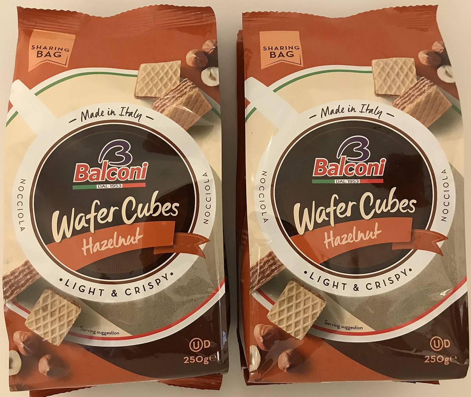 Balconi Wafer Cubes Light & Crispy Hazelnut 250g (2 Pack) Made in Italy