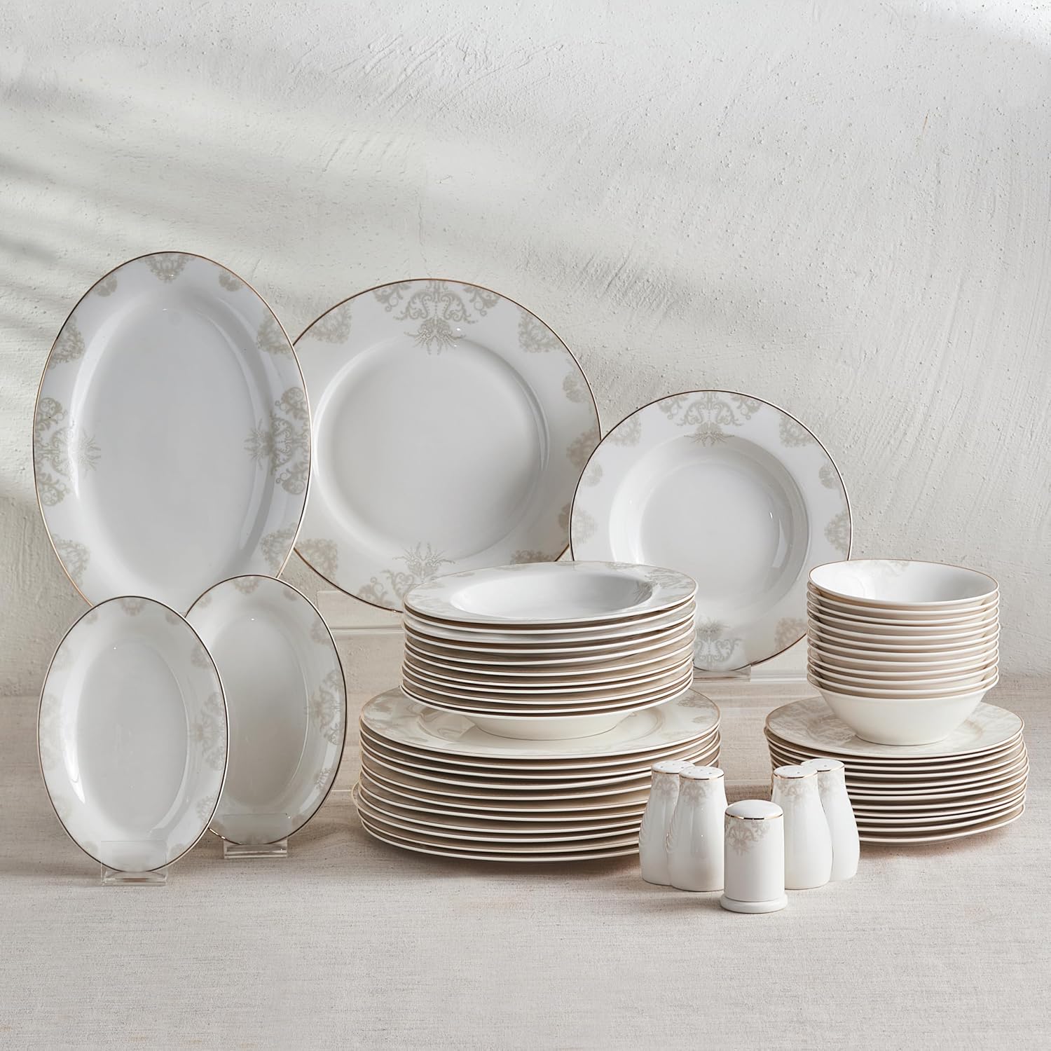 Karaca Siena Dinner Sets for 12 People, 56-Piece Luxury Dinner Sets with Gold Trim, Dinner Plates, Pasta Bowls,Salad/Cereal/Soup Bowls,Side Plates,Serving Platters,White Porcelain Dinnerware Sets