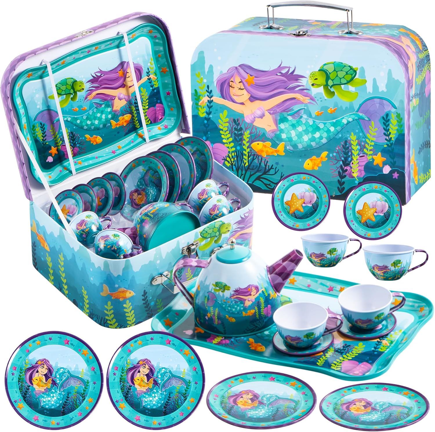 JOYIN Mermaid Tea Set for Toddlers Tea Party Set for Children Kids Pretend Role Play Tin Teapot Set with Cups, Plates and Carrying Case Kitchen Toy for Little Girls Birthday Gifts Age 3 4 5 6