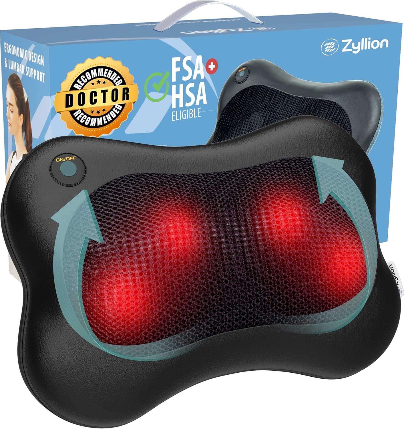 Zyllion Shiatsu Back and Neck Massager with Heat (FSA HSA Eligible) 3D Kneading Deep Tissue Massage Pillow for Muscle Pain Relief, Arthritis, Sciatica, Plantar Fasciitis on Shoulder, Leg, Foot ZMA-13