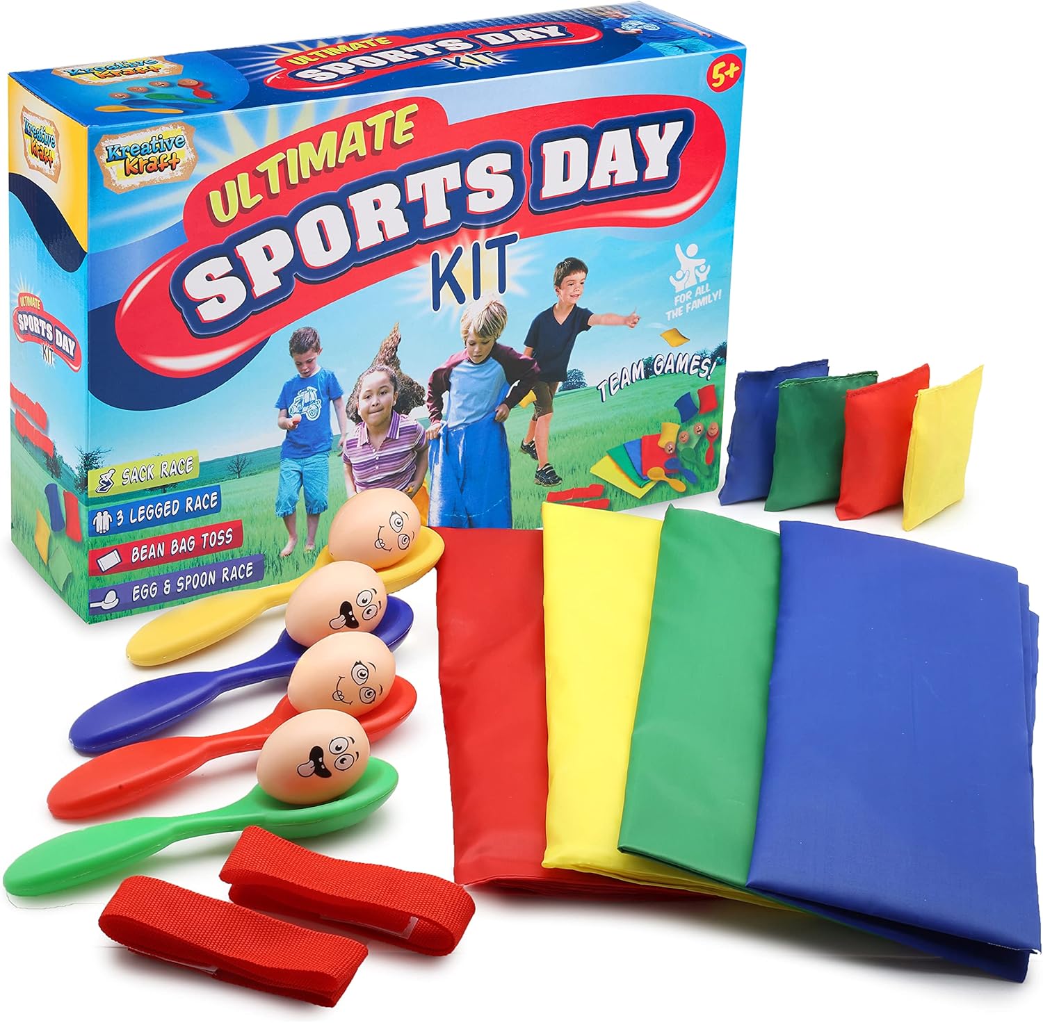 KreativeKraft Kids Games Outdoor Play Equipment for Kids Adults Family Garden Toys Sports Day Kit Egg and Spoon Race Ring Toss Sack Race Bean Bag Snakes and Ladders (Sports Day Kit)