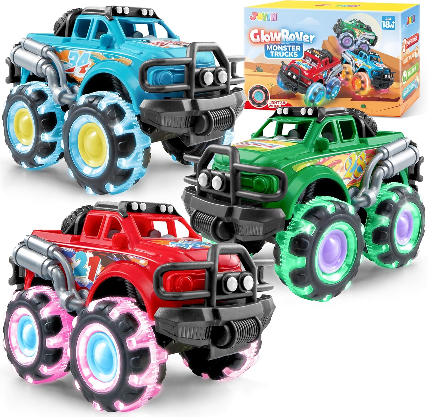 Vroomix 3 Pack Monster Truck Toys for 1 2 3+ Year Old Boys - Toy Truck with Flashing LED Wheels - Light-Up Cars for Toddlers - Birthday Gift for Boys Girls - Friction-Powered