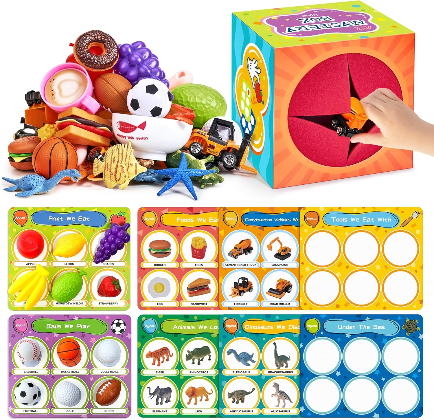 JoyCat Sorting Toys for Toddlers with Sensory Play Box - Autistic Speech Therapy, 48 Toys Dinosaurs, Animals, Fruit, Vehicles, Balls, Food Learning Play Set, Preschool Educational Learning Gift