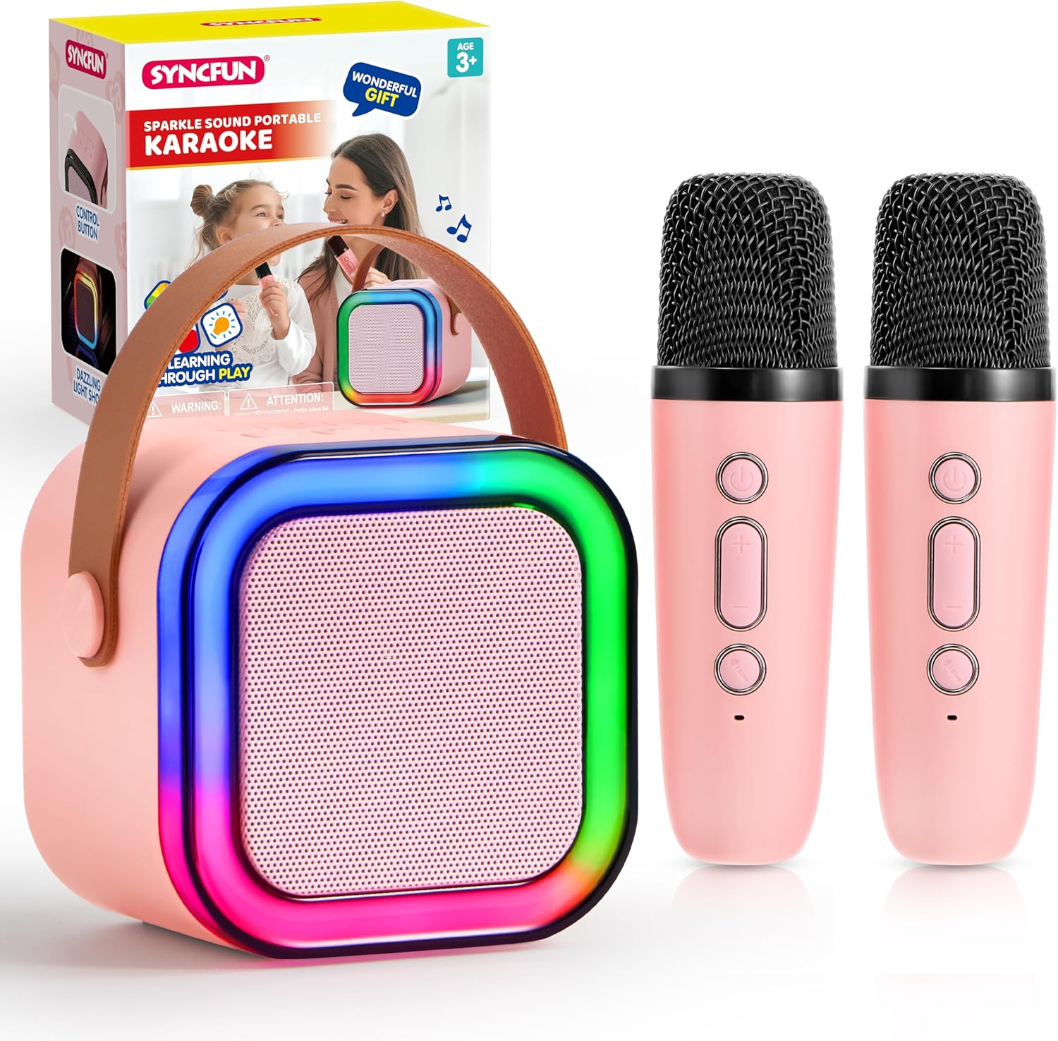 SYNCFUN Karaoke Machine, Mini Karaoke Machine with 2 Wireless Microphones for Kids and Adults, Bluetooth Speaker Toys, Birthday Girls Gift for Ages 3,4, 5, 6,7, 8,9,10,11,12+ Years Old(Pink)