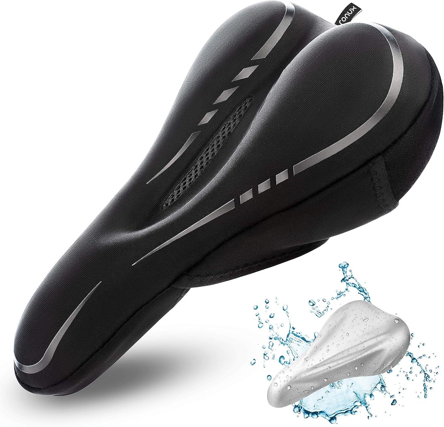 RONUX Narrow Bike Seat Cushion, [ EXTRA MEMORY FOAM & GEL ] Comfort Pad Bicycle Saddle Cushions, Exercise Road Peloton Mountain Bikes Comfy Cycling Accessories, Women Men, Waterproof Rain Cover