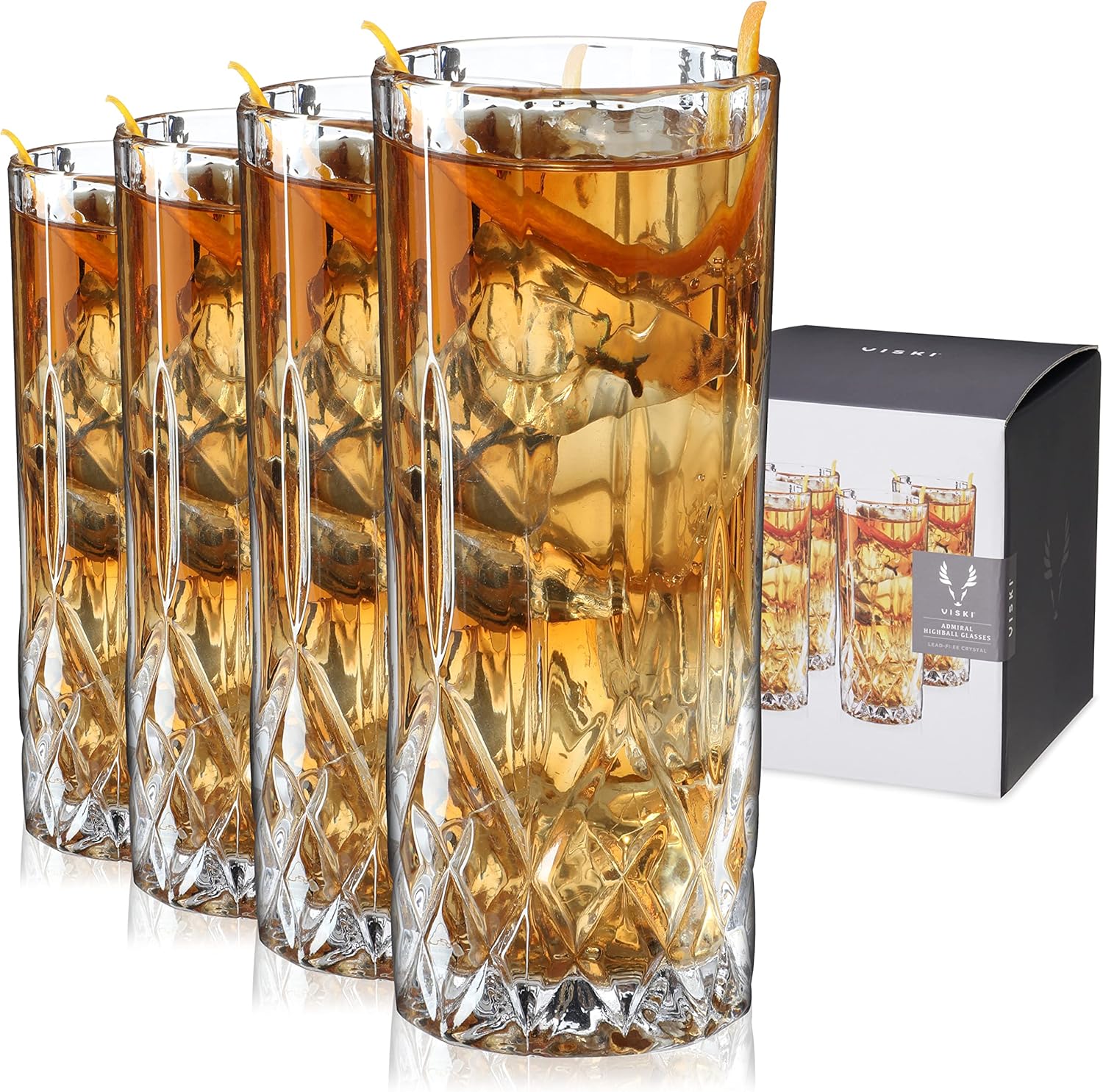Viski Admiral Highball Glasses, Crystal Drinking Glasses, Elegant Glassware for Whiskey, Vodka, Cocktails, Perfect for Home Bars, Indoor & Outdoor Parties, Stylish Drinkware, 9 oz, Set of 4