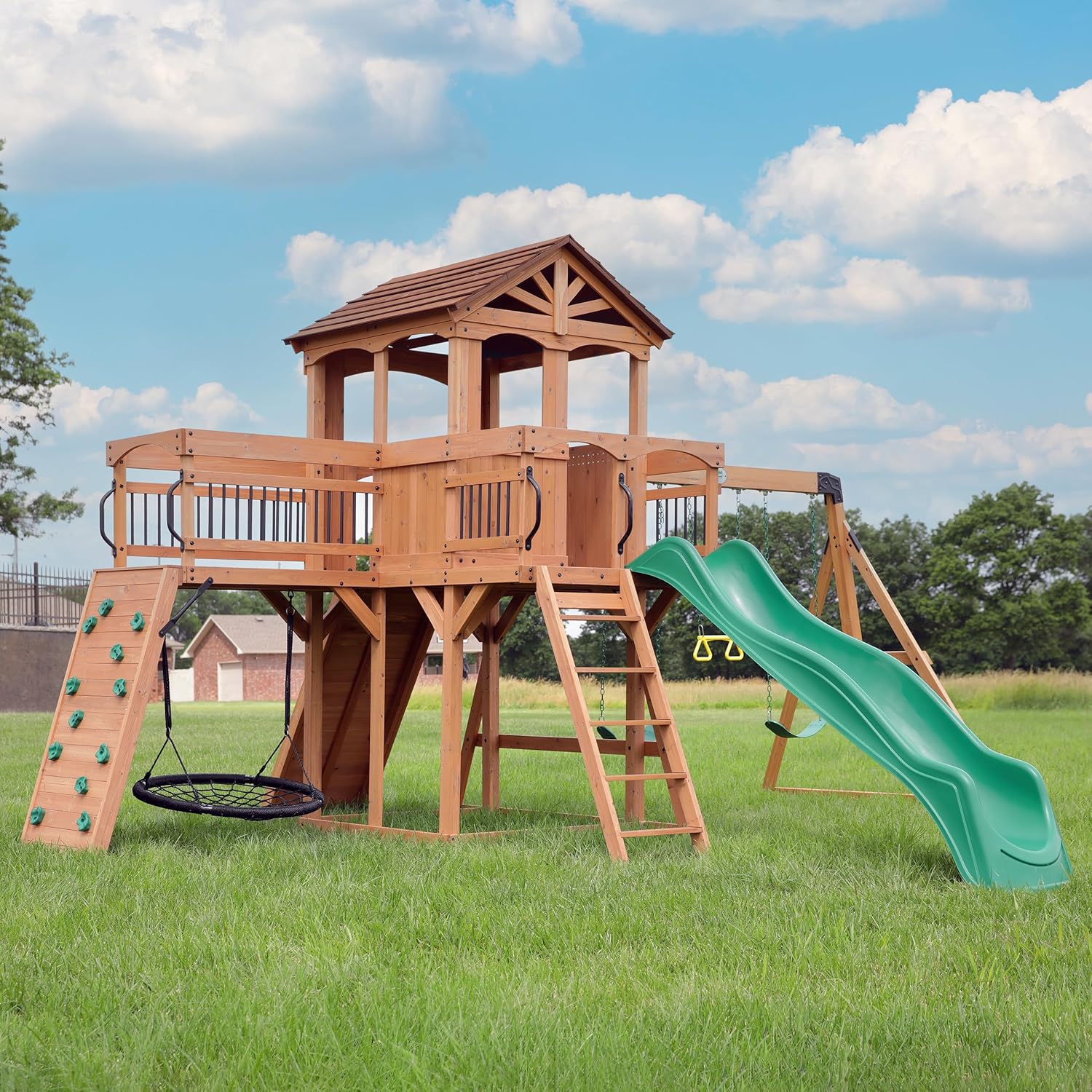 Backyard Discovery Sterling Point Cedar Wood Swing Set with Wave Slide, Raised Clubhouse, Wooden Bridge, Rock Wall, Belt Swings, Web Swing, Trapeze, Balcony, Climbing Wall, Ladder, Outdoor Playset