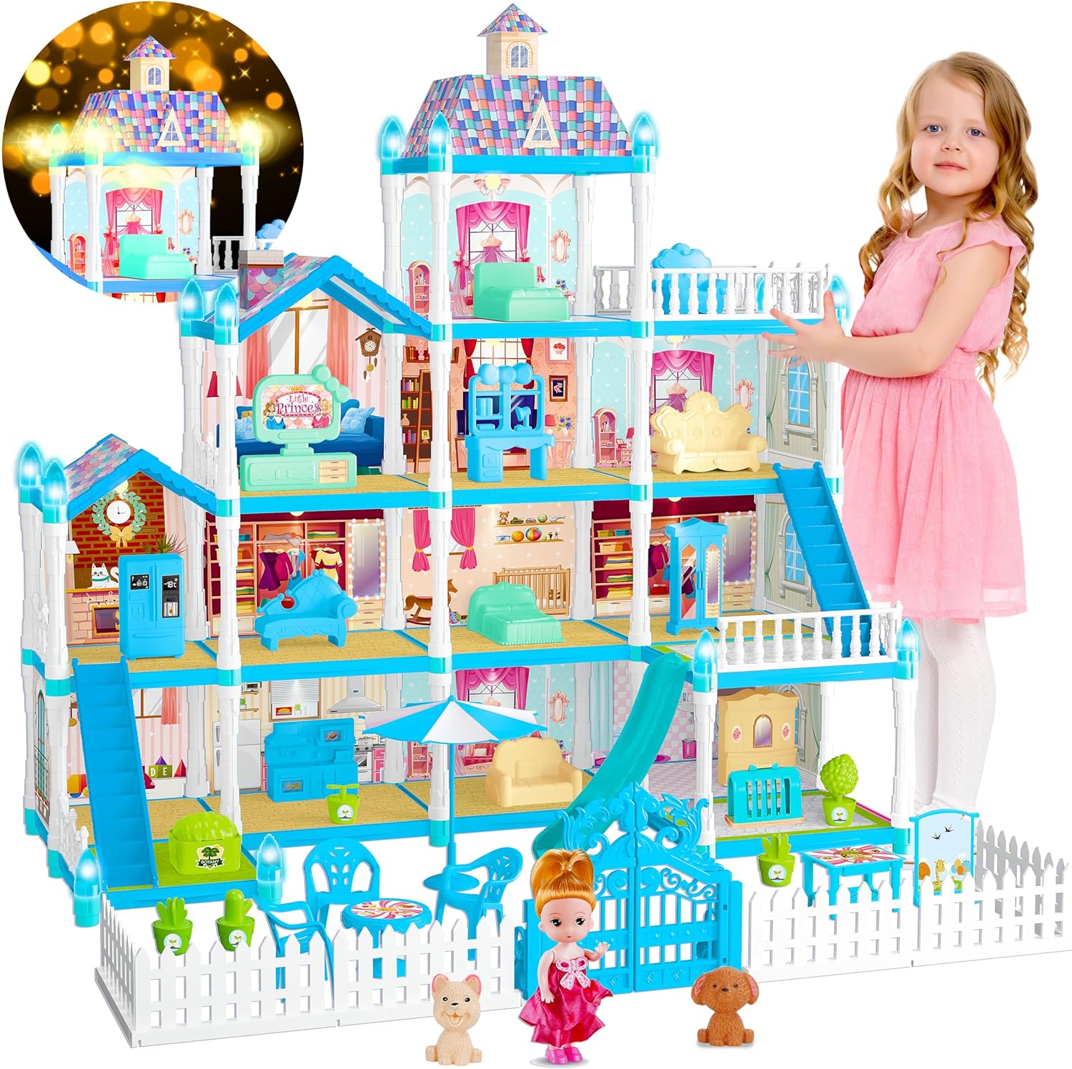 Doll House for Girls,13 Rooms Dollhouse with Dolls Figure, Puppies,Furnitures, Accessories, LED Light, Toddler Playhouse Gift for for 3 4 5 6 7 8 9 10 Year Old Girls Toys (Blue)