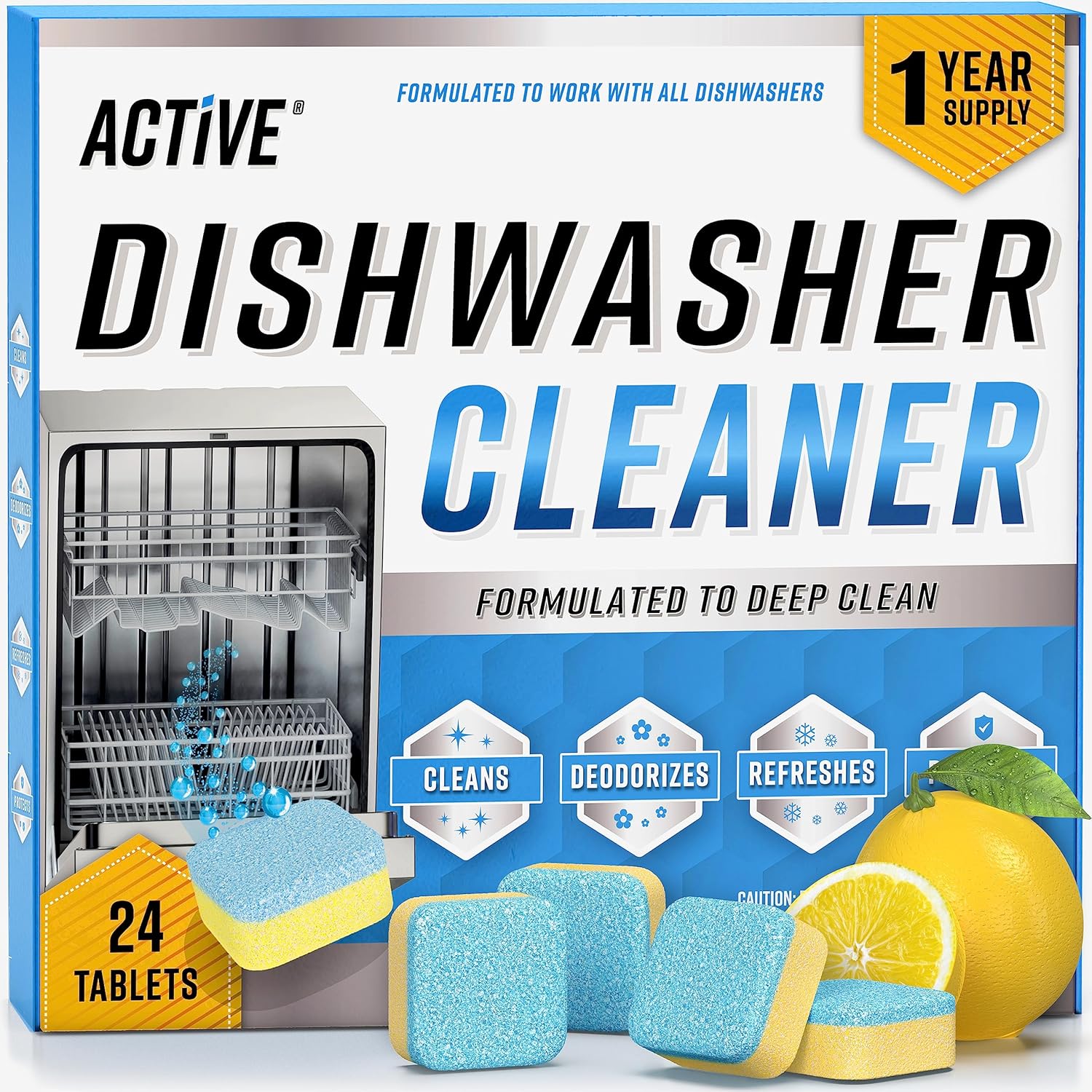 Dishwasher Cleaner and Deodorizer Tablets - 24 Pack ACTIVE Deep Cleaning Descaler for Dish Washer Machine - Heavy Duty Limescale, Grime, Calcium, Odour Remover, Natural, Septic-Safe - 12 Month Supply