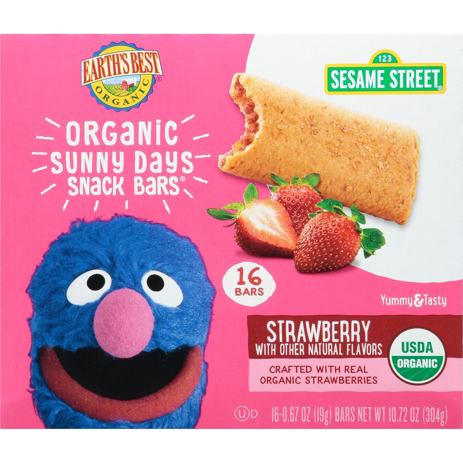 Earth's Best Organic Kids Snacks, Sesame Street Toddler Snacks, Organic Sunny Days Snack Bars for Toddlers 2 Years and Older, Strawberry with Other Natural Flavors, 16 Bars Per Box