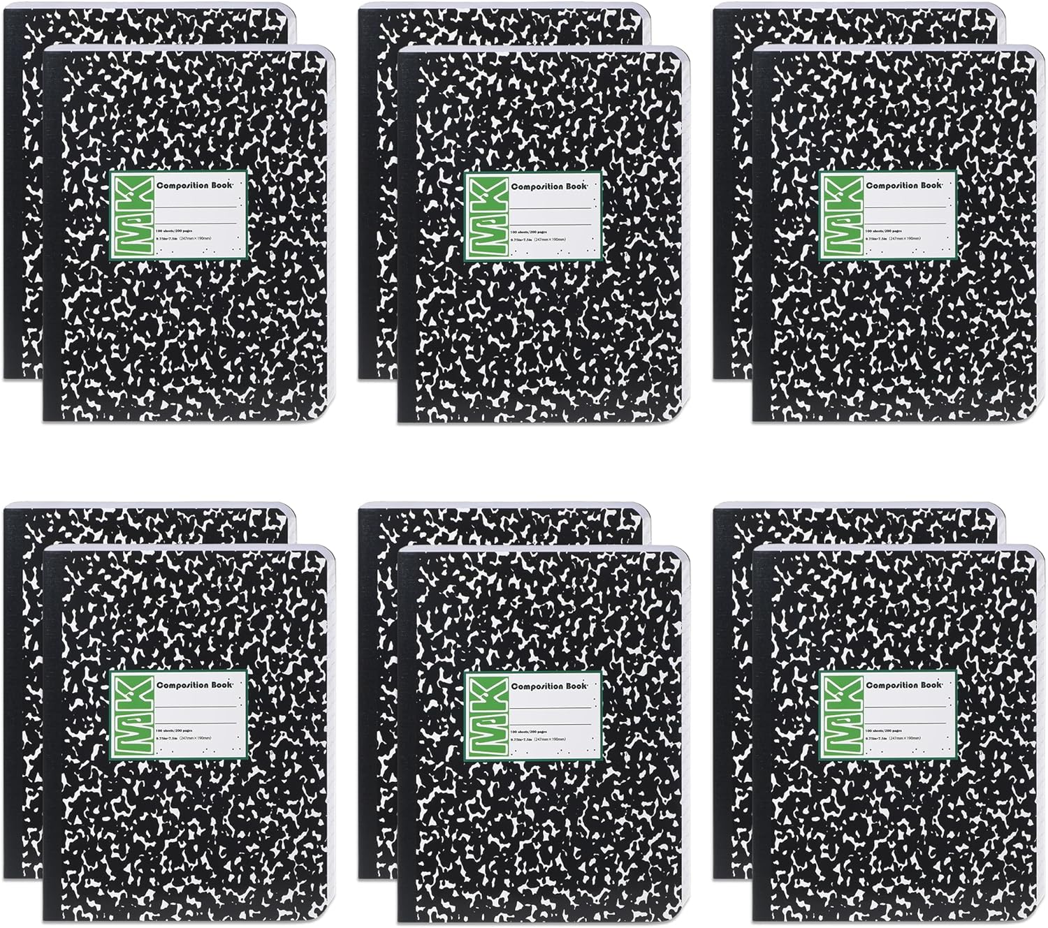 miikoul 12 Pack Composition Notebook Bulk,Wide Ruled Comp Book for Work,9-3/4 x 7-1/2,100 Sheets(200 Pages),Assorted Marble Cover Composition Journal for School, Office Supplies,Black