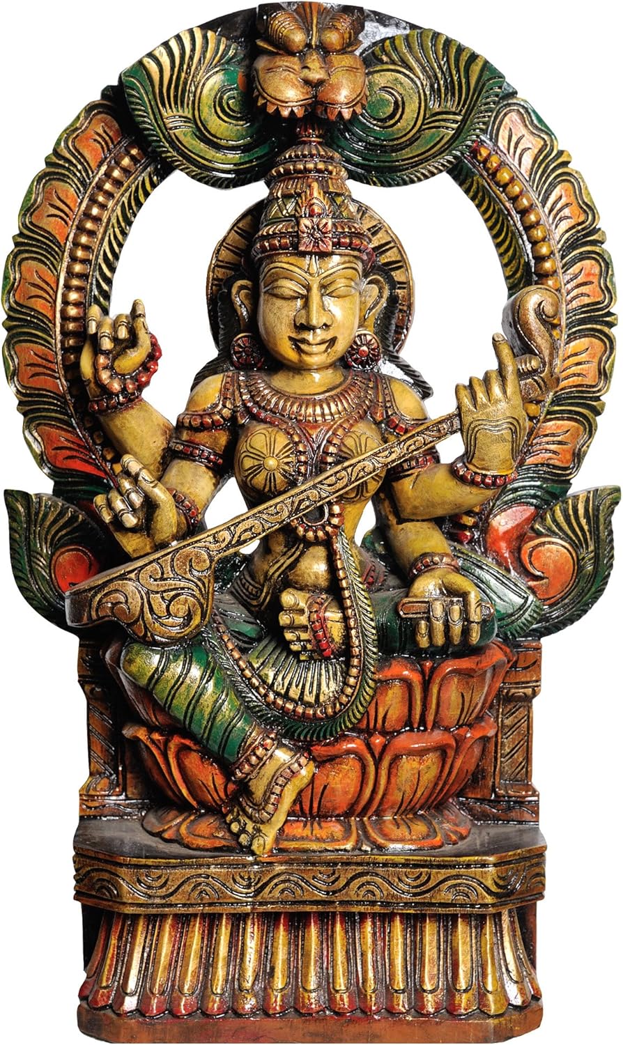 Goddess Saraswati Playing Veena - South Indian Temple Wood Carving