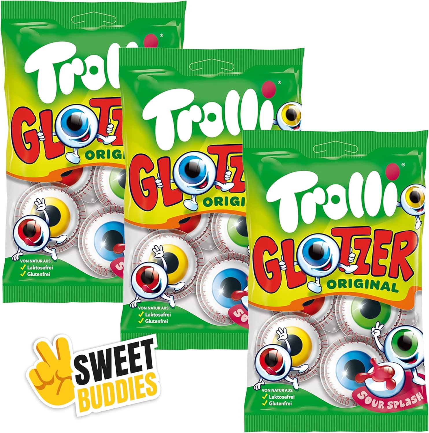 Trolli Glotzer 3-Pack (3x4) – Tangy-sour gummy eyeballs with liquid filling – Iconic candy for Halloween & parties – Lactose-free, gluten-free – Incl. Sweet Buddies sticker