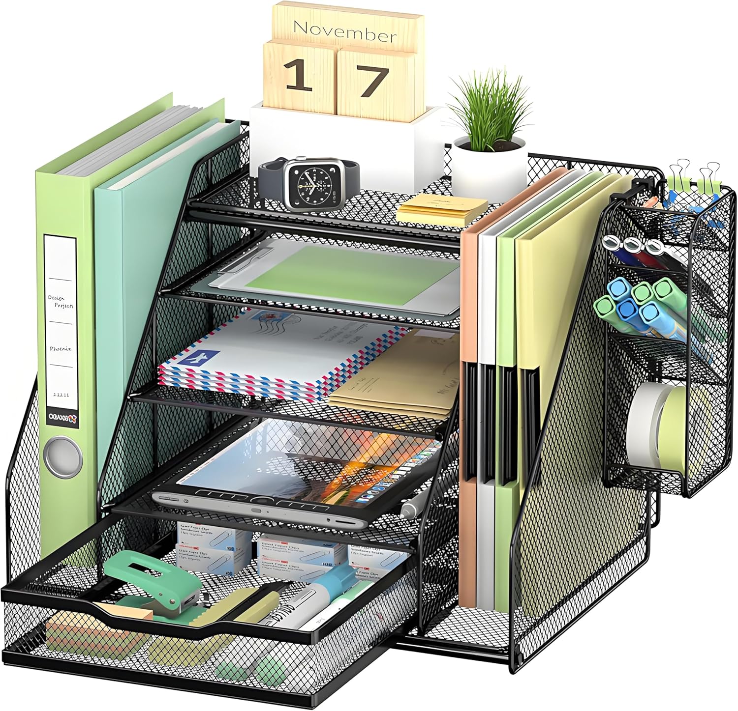 EGEKTBH Desk Organiser with File Holder, 5-Tier Paper Letter Tray Organiser with Drawer and 1 Pen Holder, Mesh Desktop Magazine Storage with for Home Office Supplies