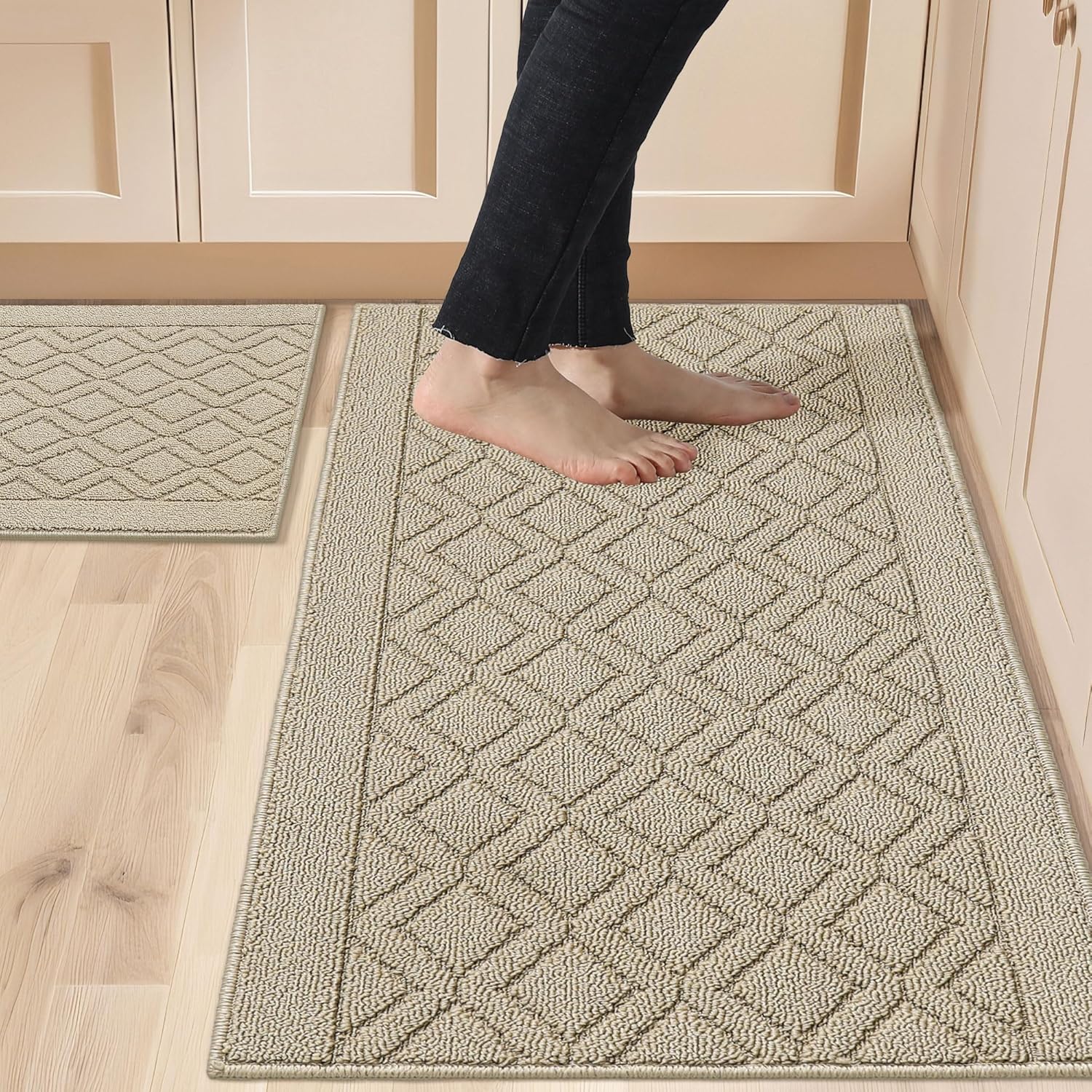 COSY HOMEER 48x20 Inch/30X20 Inch Kitchen Rug Mats Made of 100% Polypropylene 2 Pieces Soft Kitchen Mat Specialized in Anti Slippery and Machine Washable for Home Kitchen,Beige