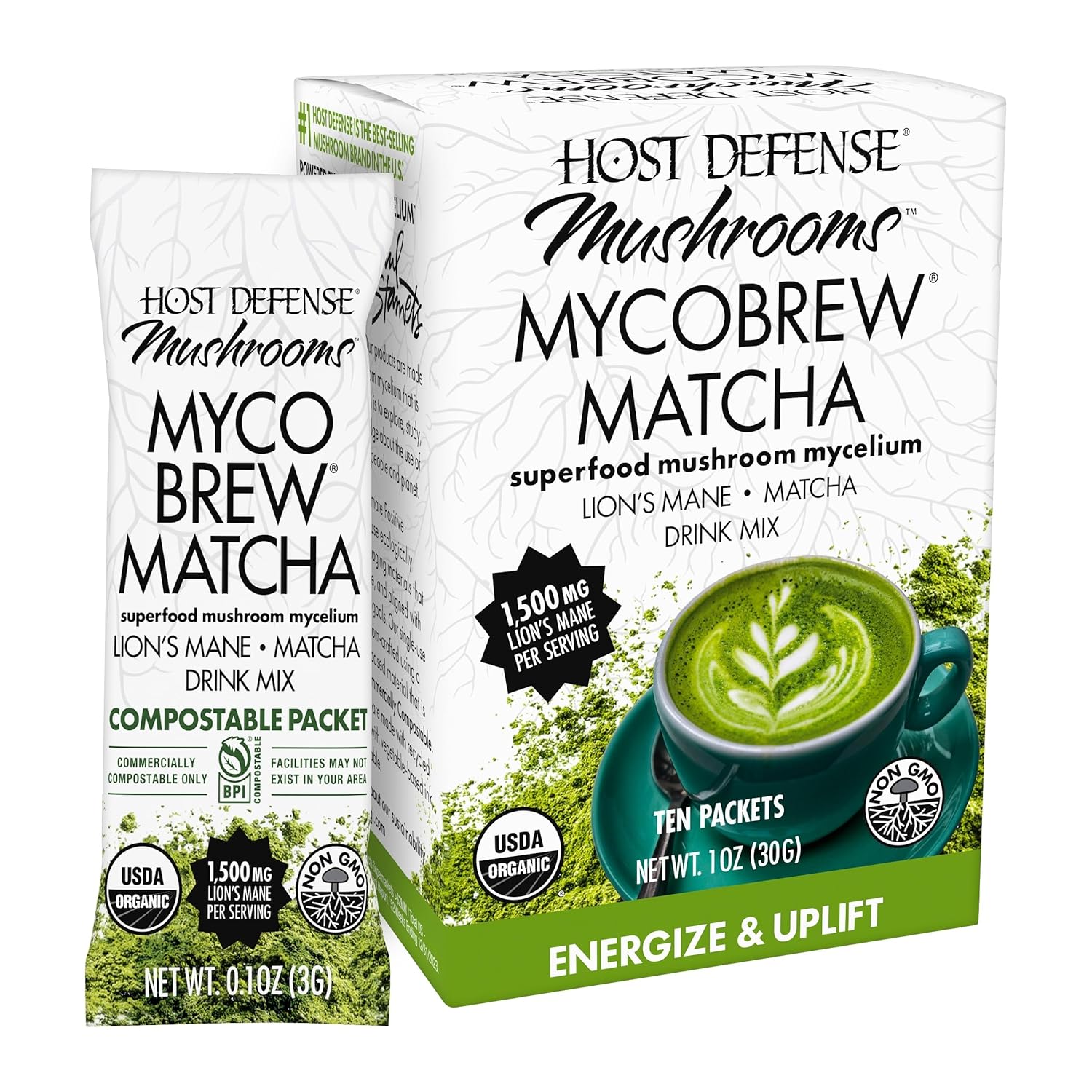 Host Defense MycoBrew Matcha - Matcha Drink Mix - Matcha Green Tea Powder that Includes Lion's Mushroom - Drink Mix with Organic Matcha Tea - 10 Packets (10 Servings)