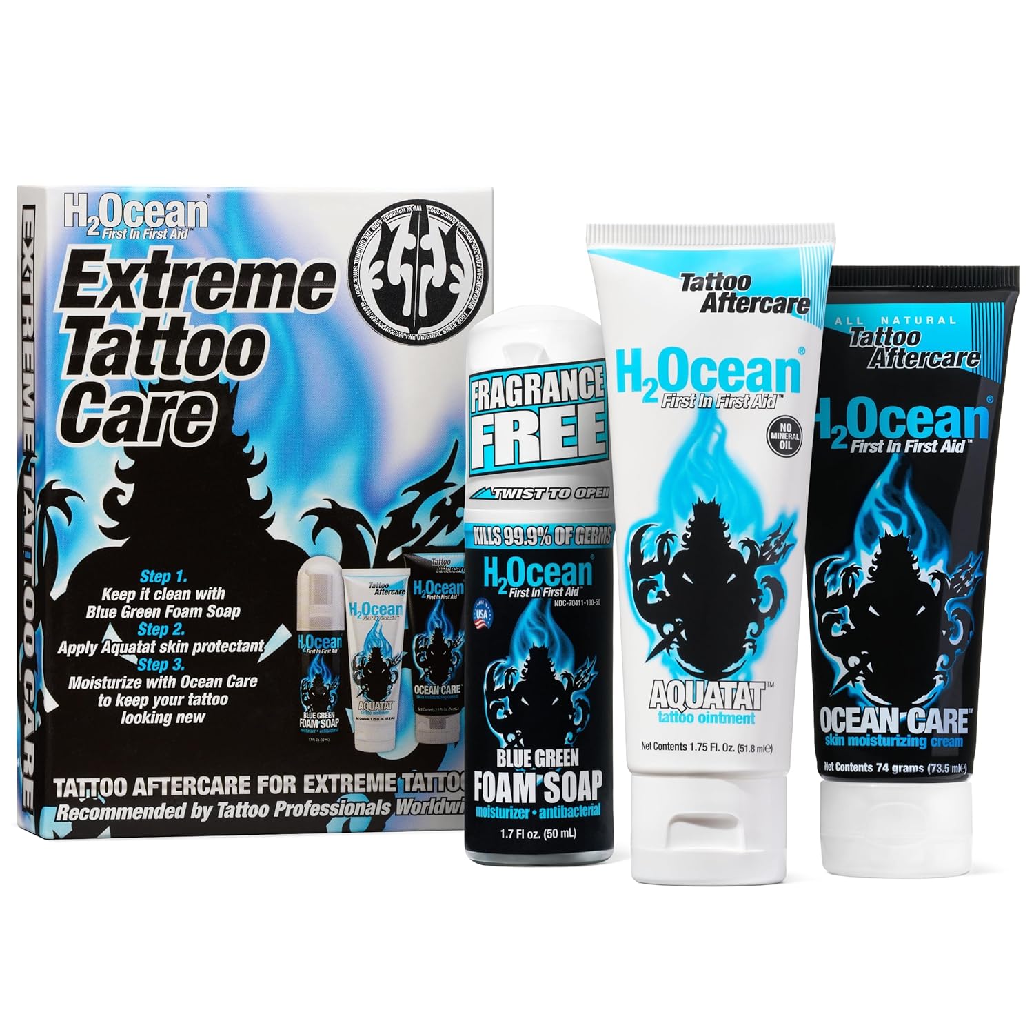 H2Ocean Extreme Tattoo Care Kit for Hard to Heal Tattoos - Tattoo Soap, Ointment & Cream for Tattoo Aftercare - 1.7 oz Blue Green Foam Soap, 74 g Ocean Care Moisturizer & 1.75 oz Aquatat Ointment