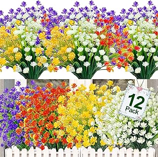 TURNMEON 12 Bundles Artificial Flowers for Outdoors UV Resistant Fake Plants, Faux Plastic Fake Flowers Artificial Plants for Home Window Box Porch Indoor Cemetery Fall Summer Decor(Mix Colors)