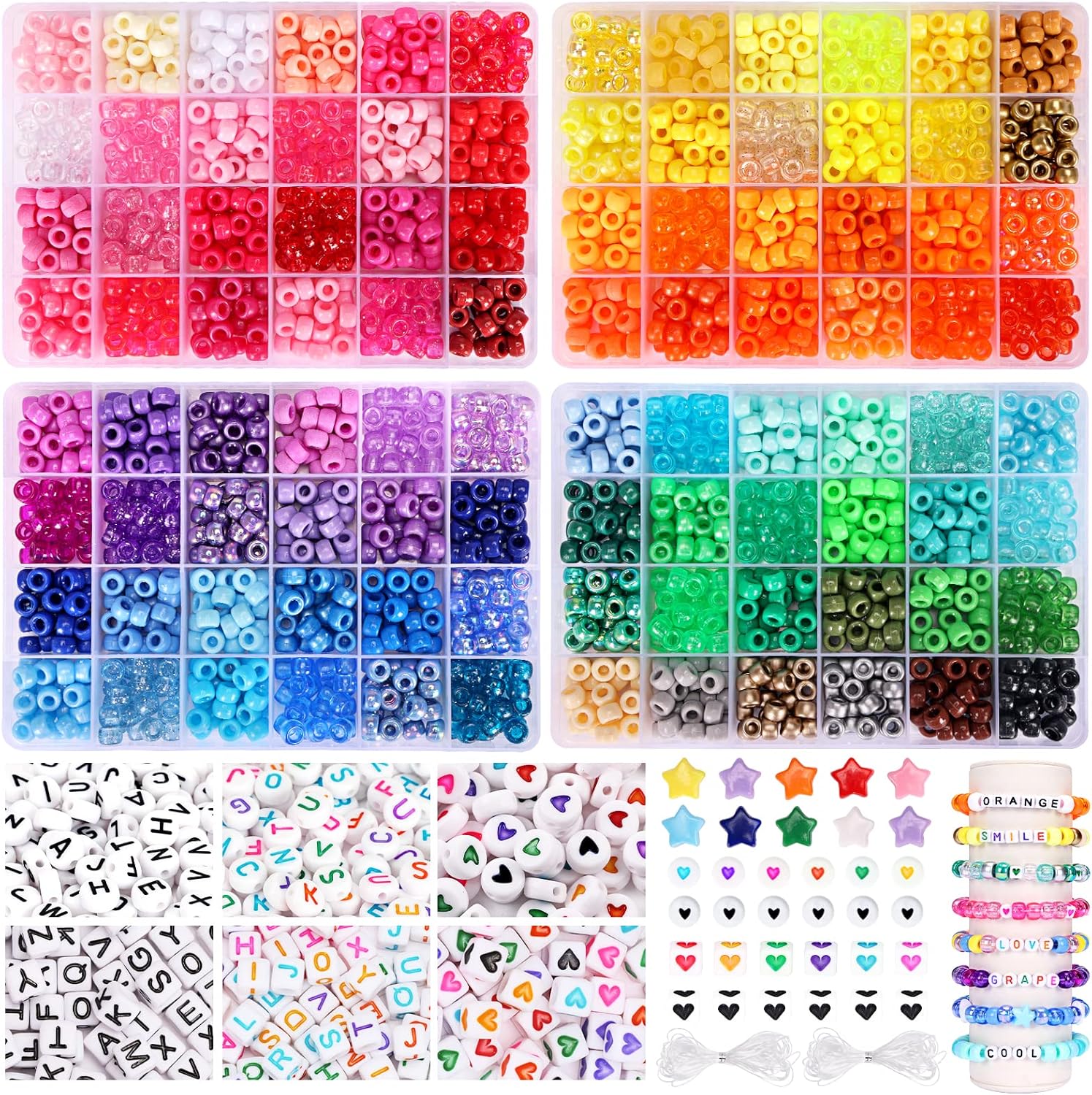 QUEFE 96 Colors 3000pcs Pony Beads Bracelet Making Kit Friendship Bracelet Kit Rainbow Kandi Beads with Letter and Heart Beads Elastic Threads for Jewelry Necklace Making