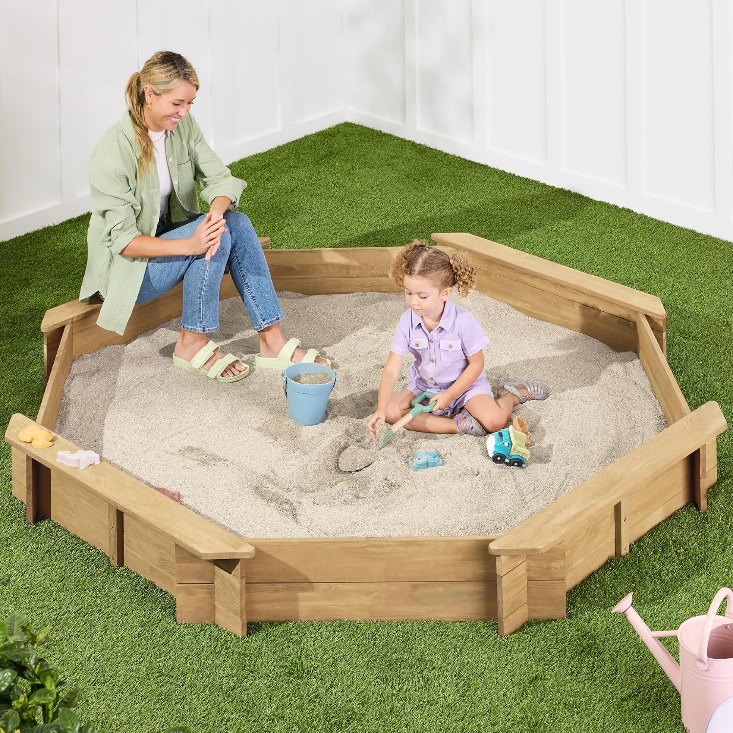Best Choice Products Large Outdoor Octagon Wooden Sand Box for Kids, Sandbox with Cover, 4 Reinforced Benches Support up to 220 lbs Each, Bottom Liner for Drainage - Natural