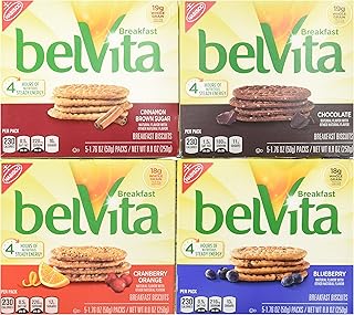 BelVita Breakfast Biscuits Variety Pack - Blueberry, Chocolate, Cinnamon Brown Sugar & Cranberry Orange (1) 8.8 oz. Box of Each Flavor (Bundle of 4)