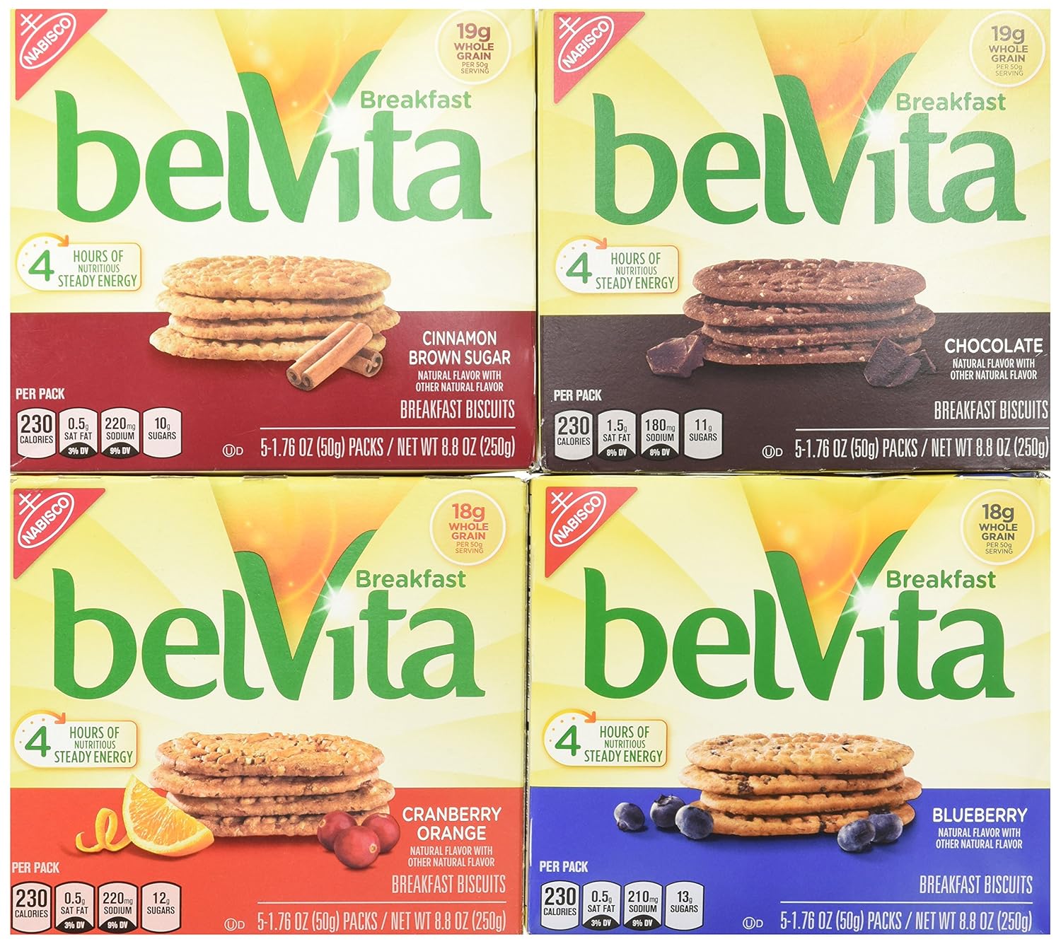 BelVita Breakfast Biscuits Variety Pack - Blueberry, Chocolate, Cinnamon Brown Sugar & Cranberry Orange (1) 8.8 oz. Box of Each Flavor (Bundle of 4)