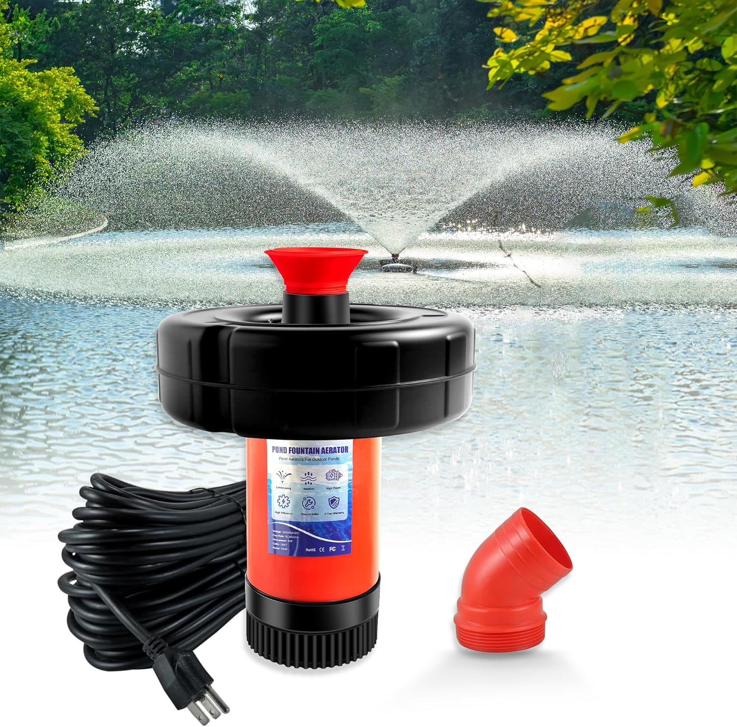 Pond Fountain Aerator 750W, 1HP 15000 GPH Floating Aerating Pump, 120ft Power Cord for Small & Large Ponds & Lakes (120V)